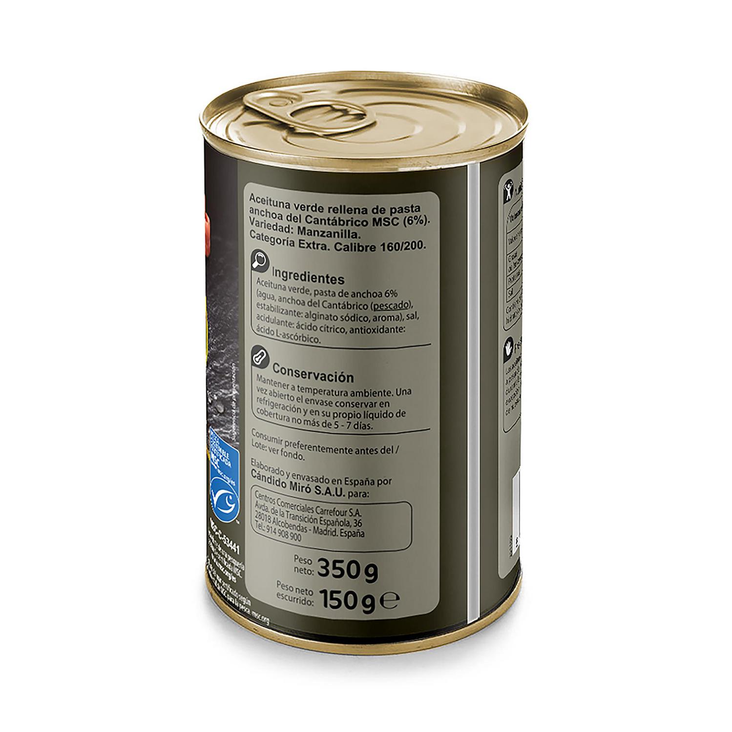 Aceitunas rellenas de anchoas del Cantábrico Extra Carrefour 150 g.
