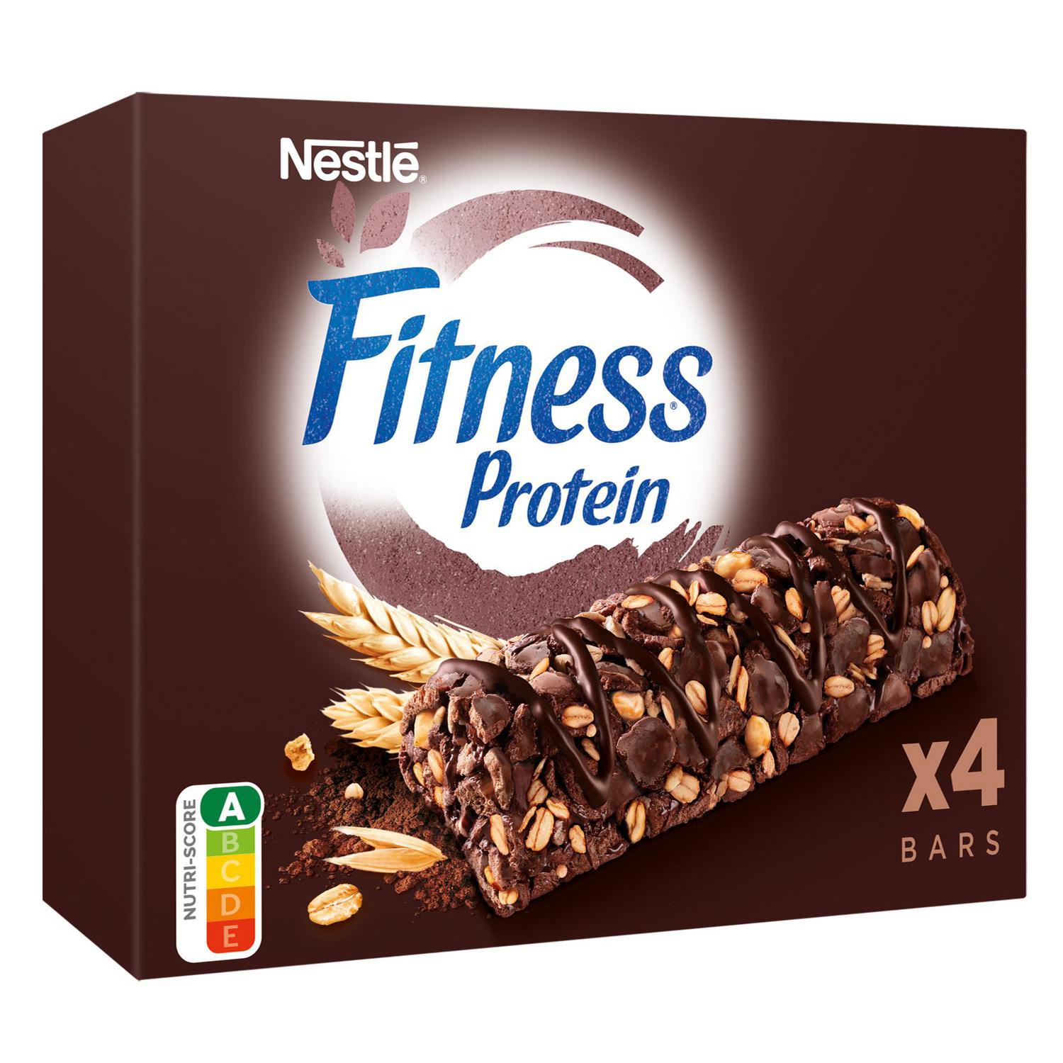 Barritas de cereal integral con cacao Fitness Proteína Nestlé sin azúcar añadido pack de 4 unidades de 20 g.