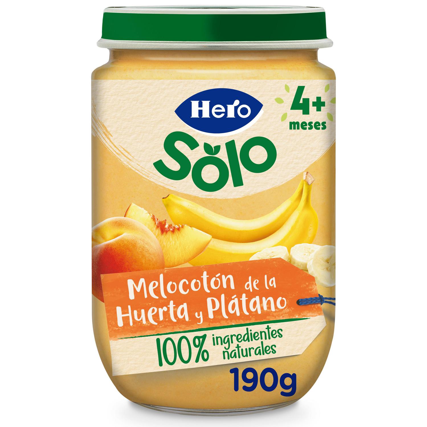 Tarrito de melocotón y plátano desde 4 meses Hero Baby sin gluten 190 g.
