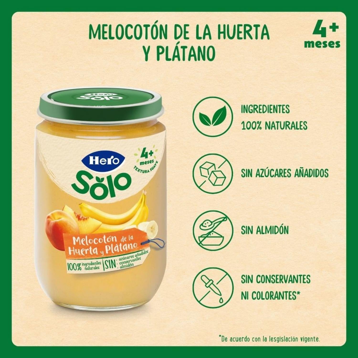 Tarrito de melocotón y plátano desde 4 meses Hero Baby sin gluten 190 g.
