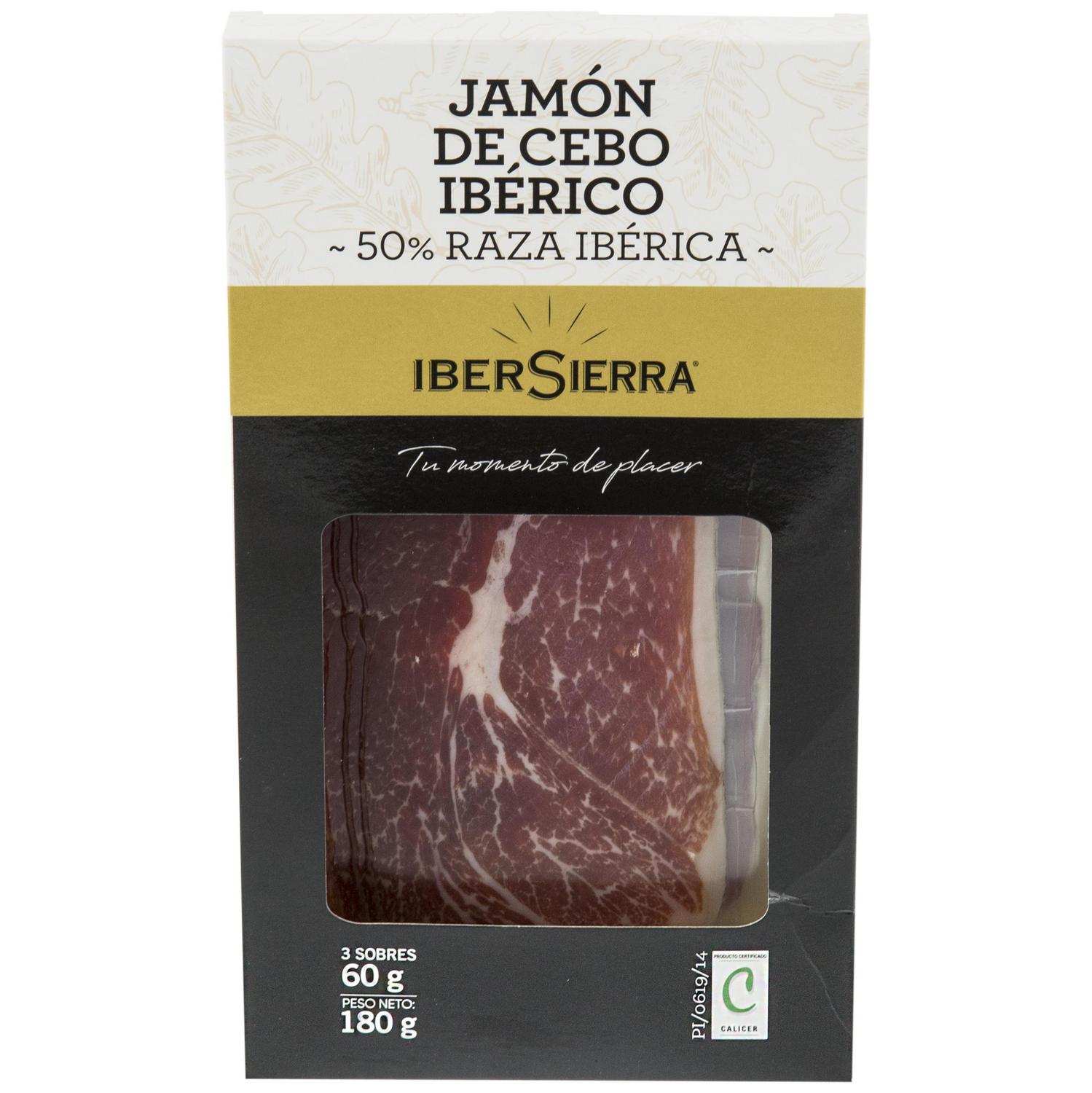 Estuche de Jamón de Cebo Ibérico 50% Raza Ibérica en lonchas IberSierra sin gluten y sin lactosa 3 sobres de 60 g
