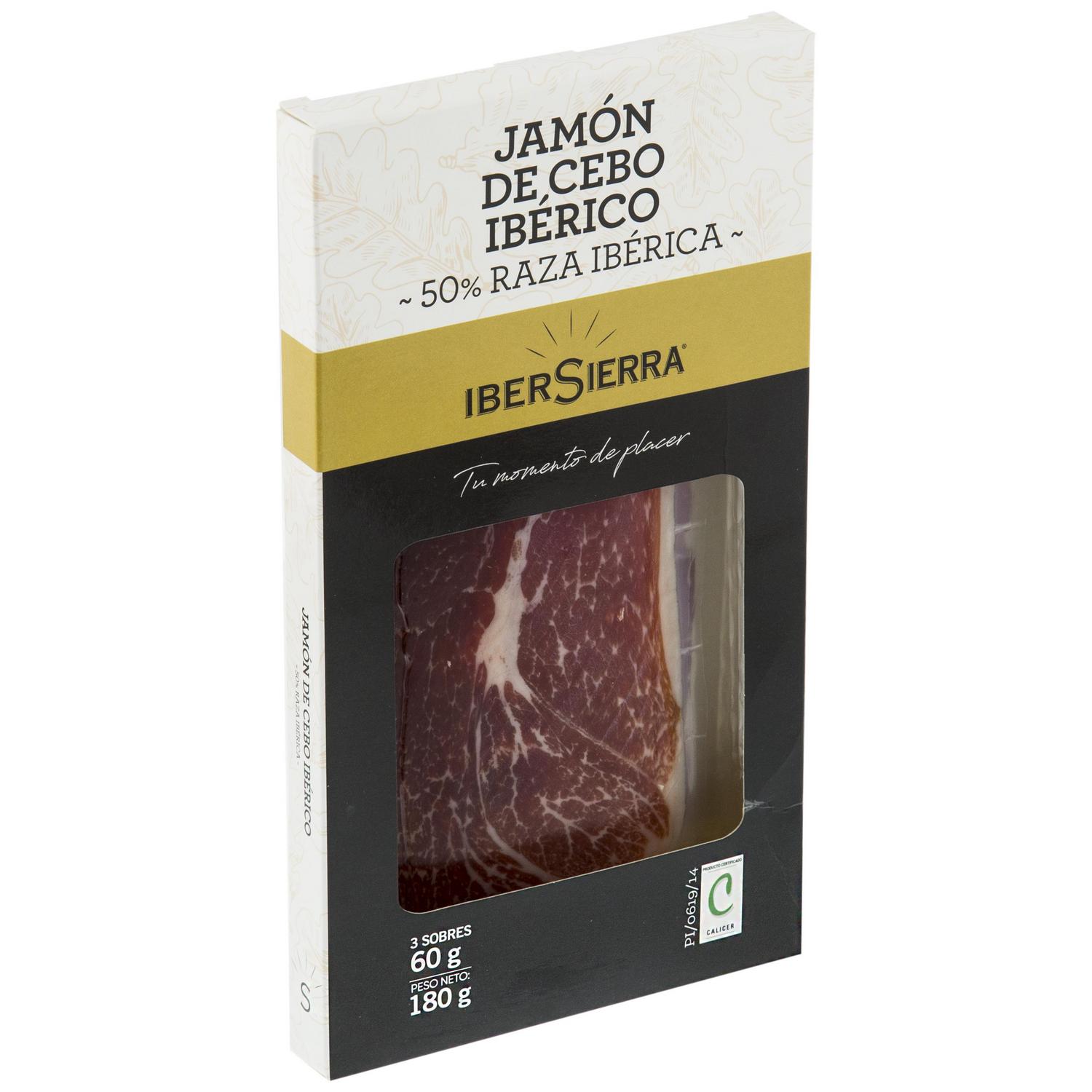 Estuche de Jamón de Cebo Ibérico 50% Raza Ibérica en lonchas IberSierra sin gluten y sin lactosa 3 sobres de 60 g