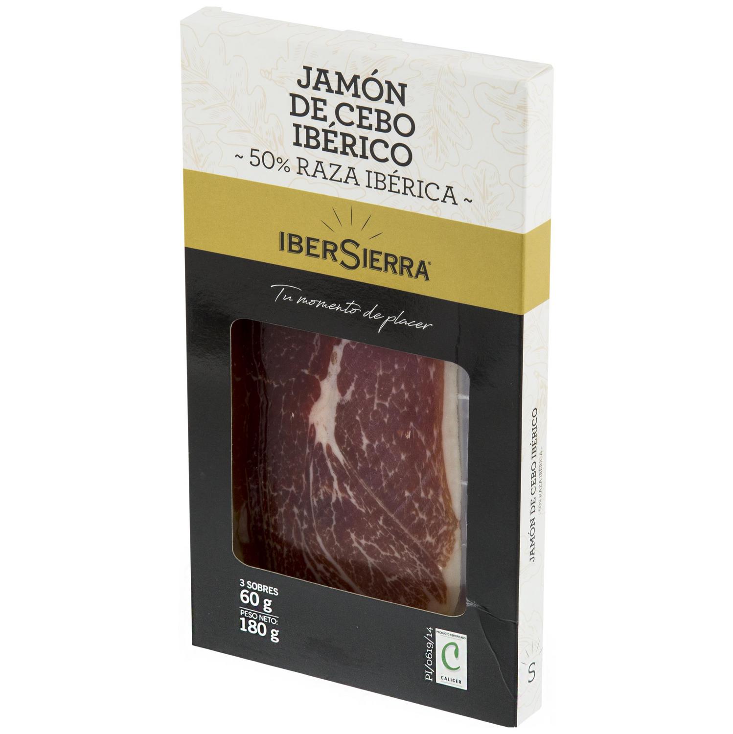 Estuche de Jamón de Cebo Ibérico 50% Raza Ibérica en lonchas IberSierra sin gluten y sin lactosa 3 sobres de 60 g