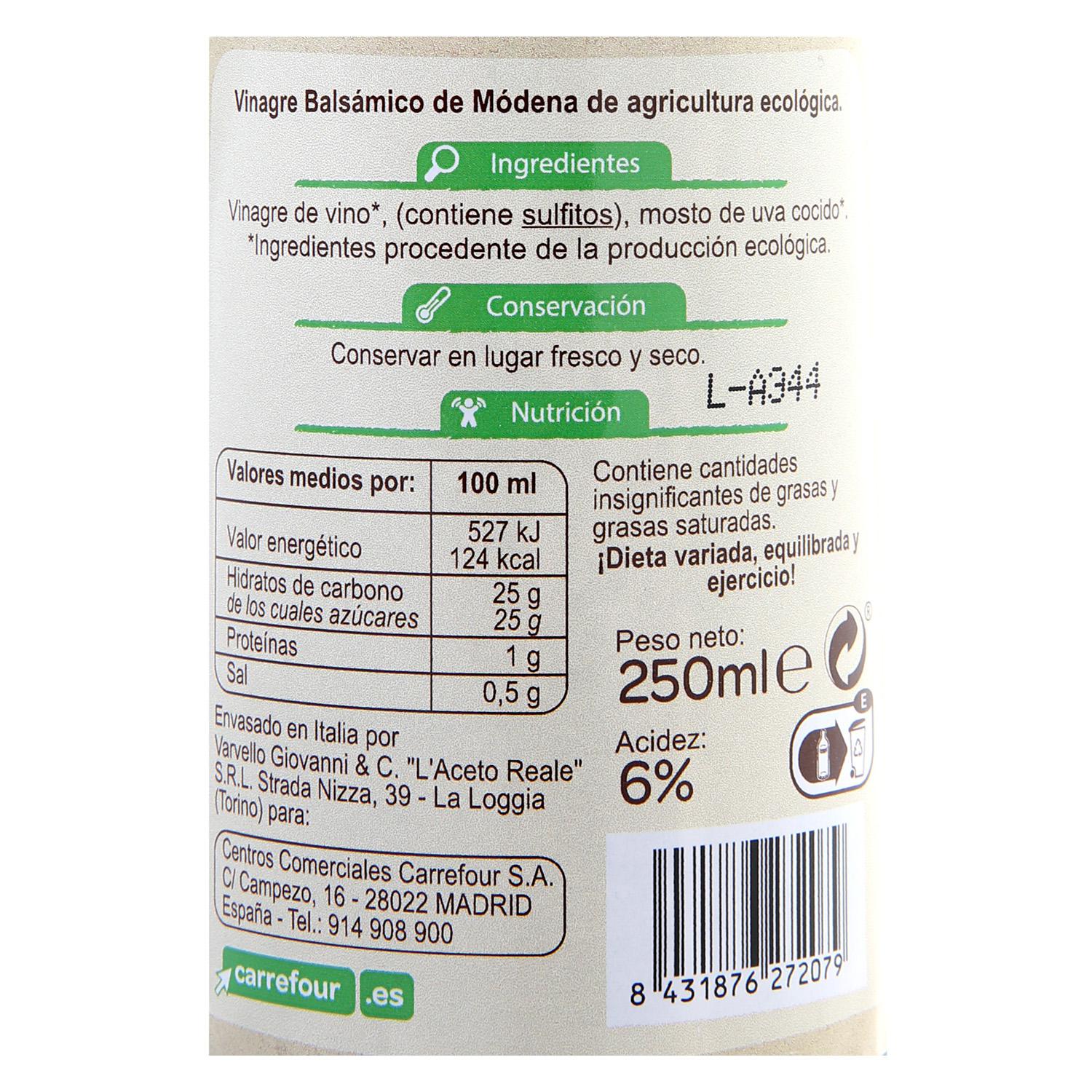 Vinagre balsámico de módena ecológico Carrefour Bio 250 ml.