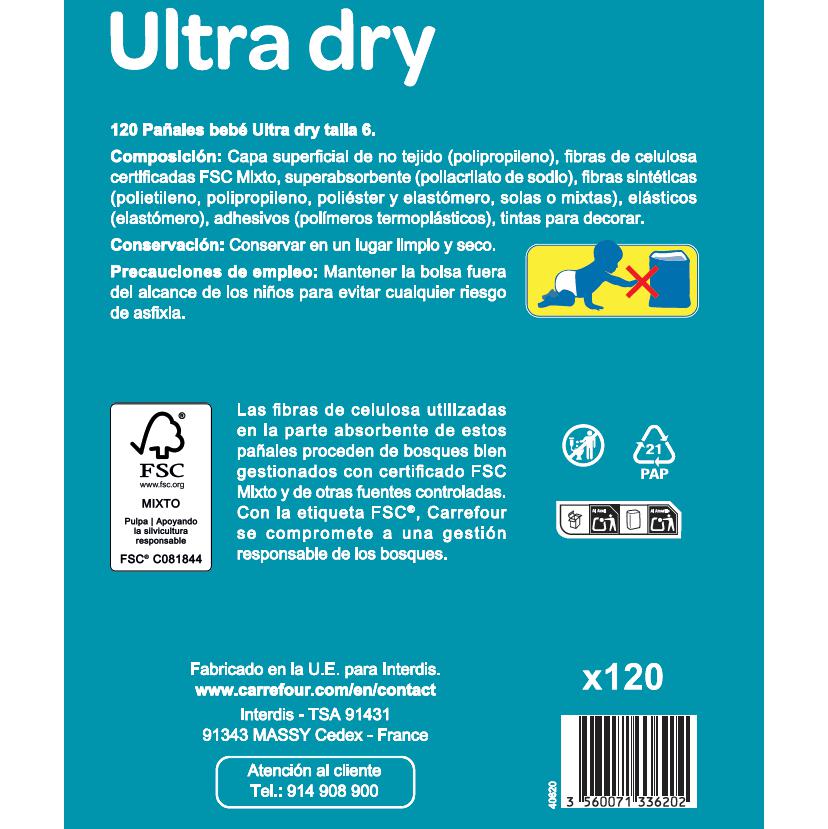 Pañales ultra dry My Carrefour Baby T6 (+16 kg) 120 ud.