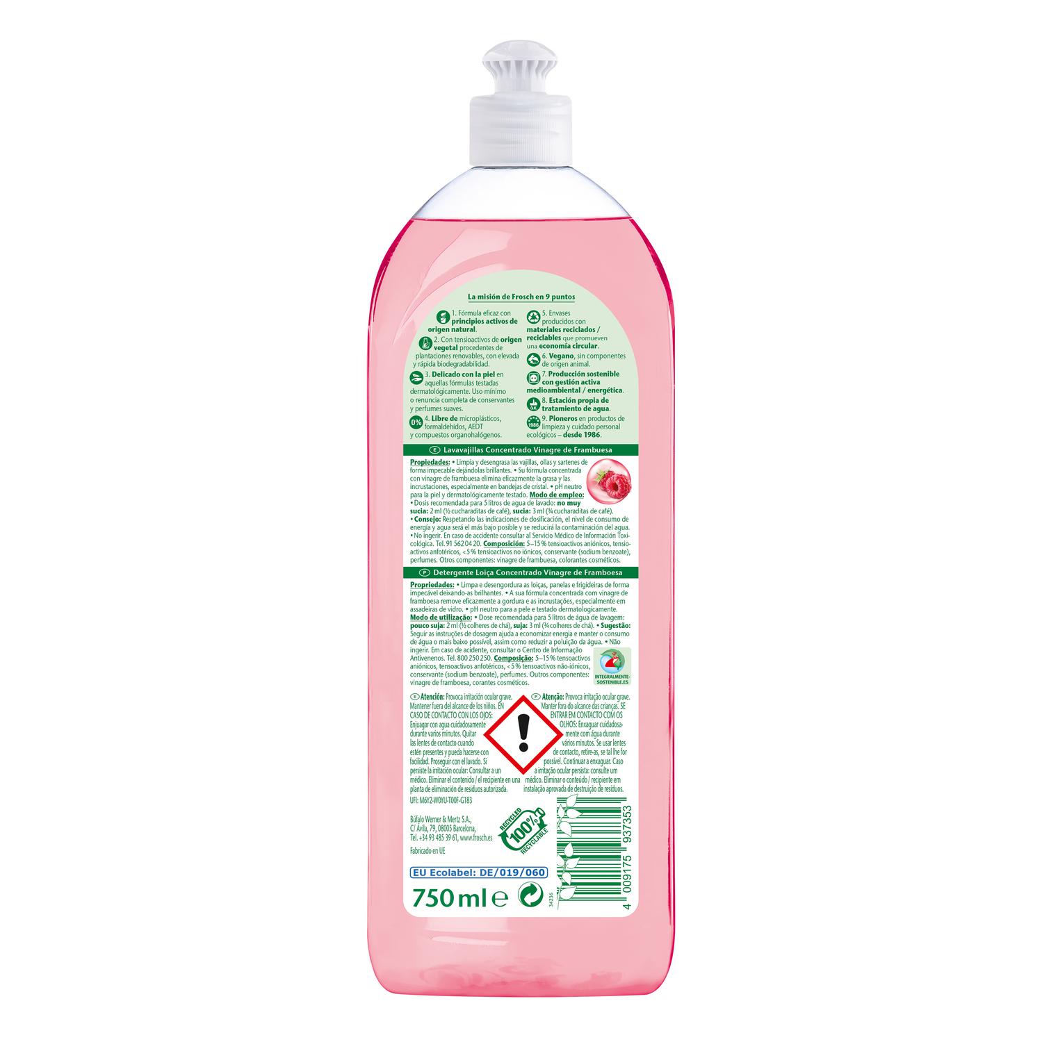 Lavavajillas a mano concentrado con vinagre de frambuesa ecológico Frosch 750 ml.