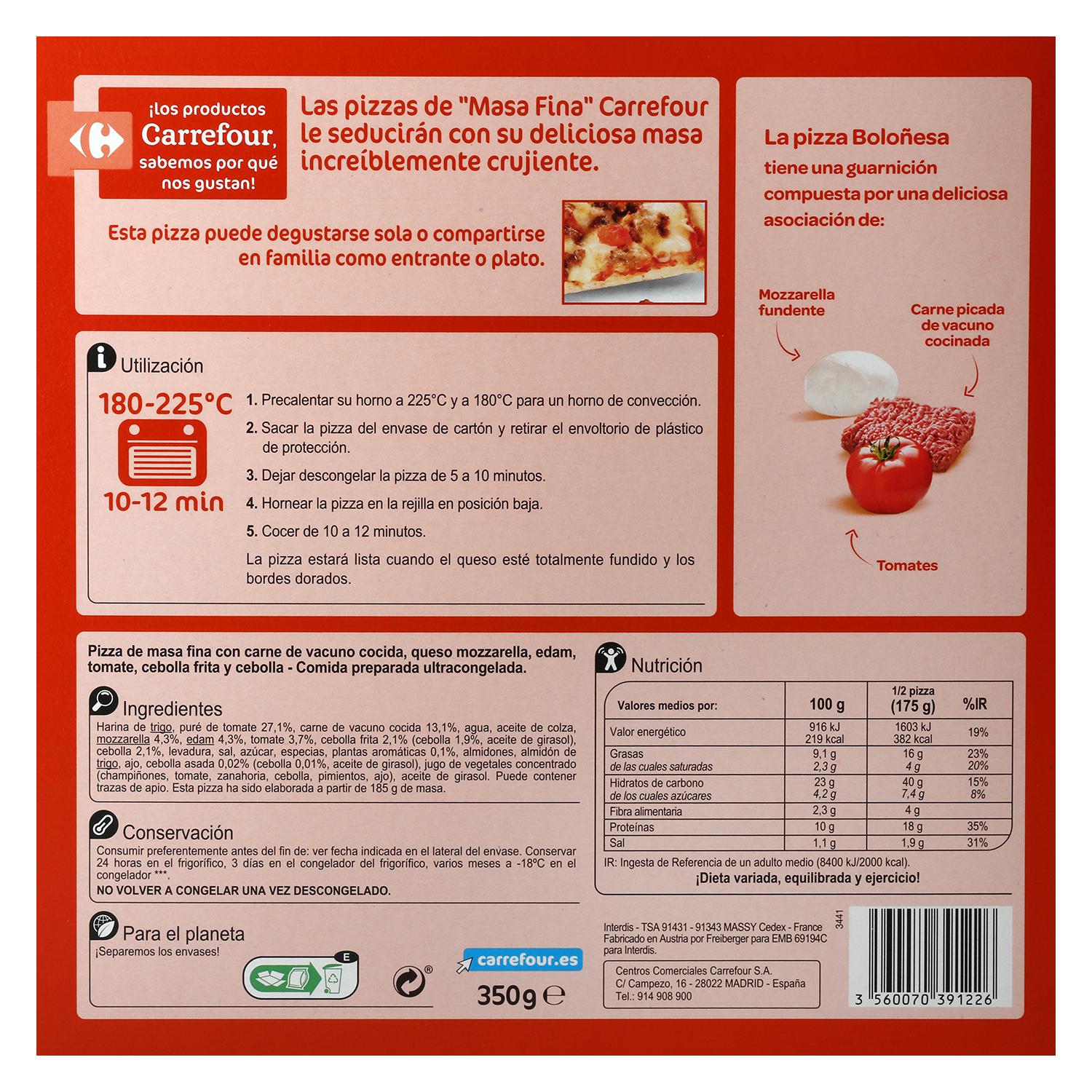 Pizza boloñesa Carrefour 375 g.