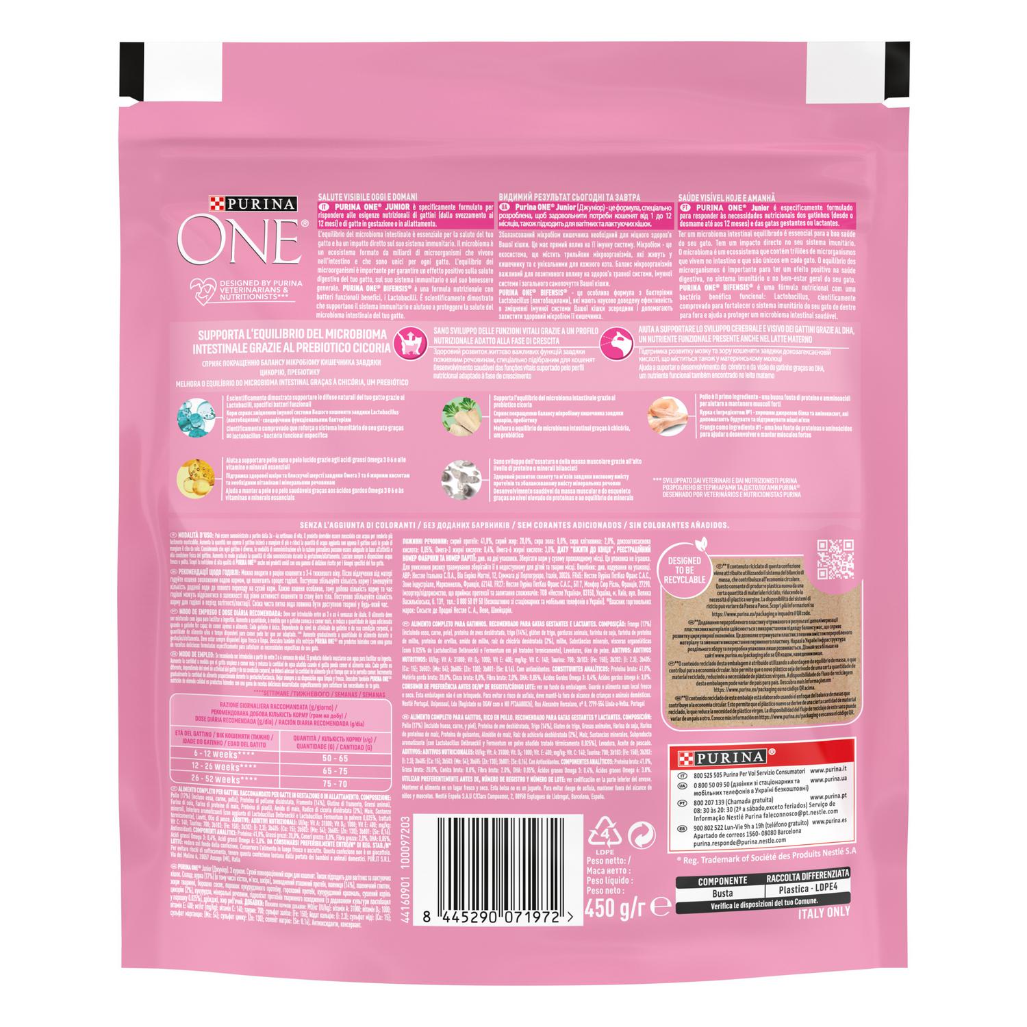 Pienso de pollo y arroz para gatos junior Purina One 450 g
