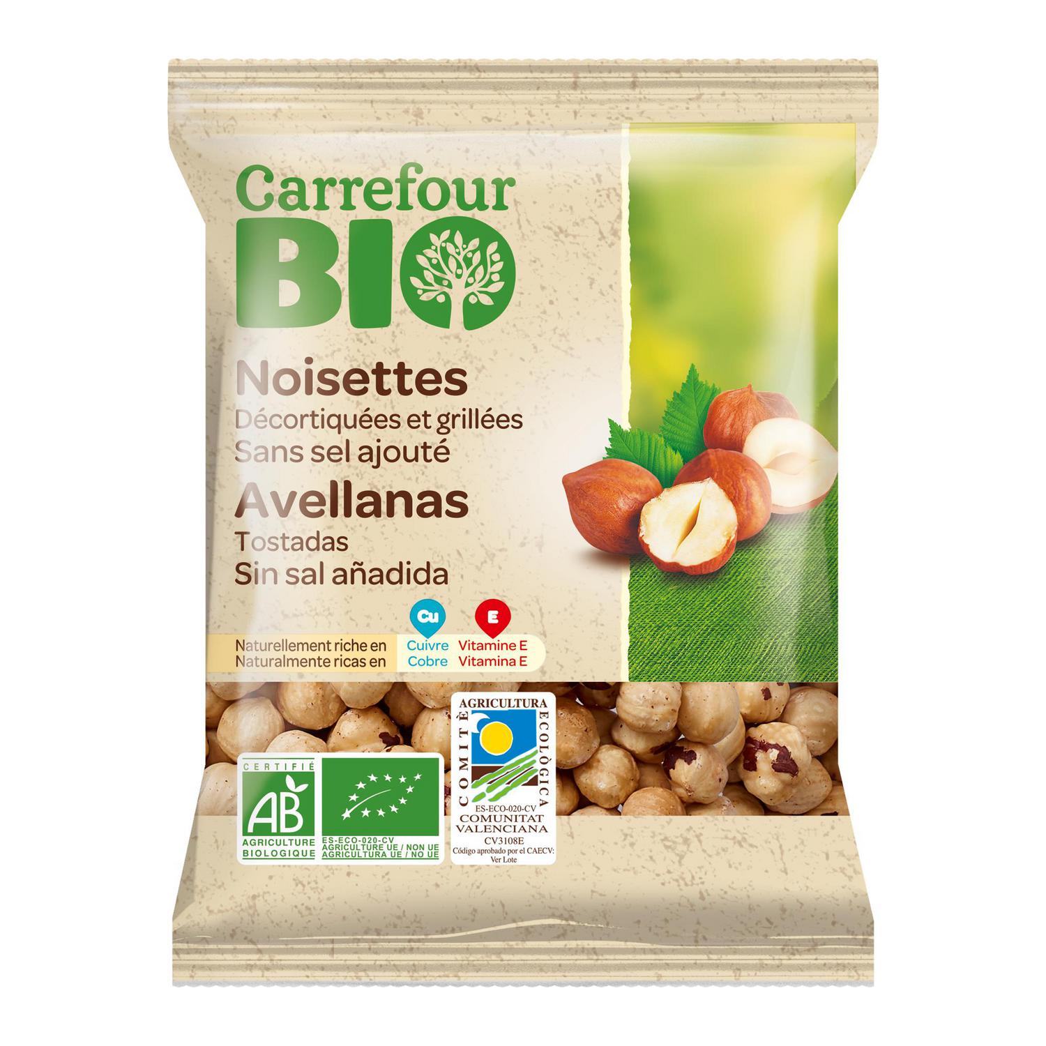 Avellanas tostadas ecológicas Carrefour Bio sin sal añadida 90 g.