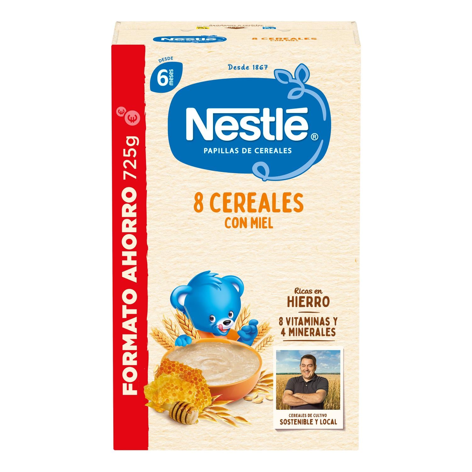 Papilla infantil desde 6 meses 8 cereales con miel Nestlé 725 g.