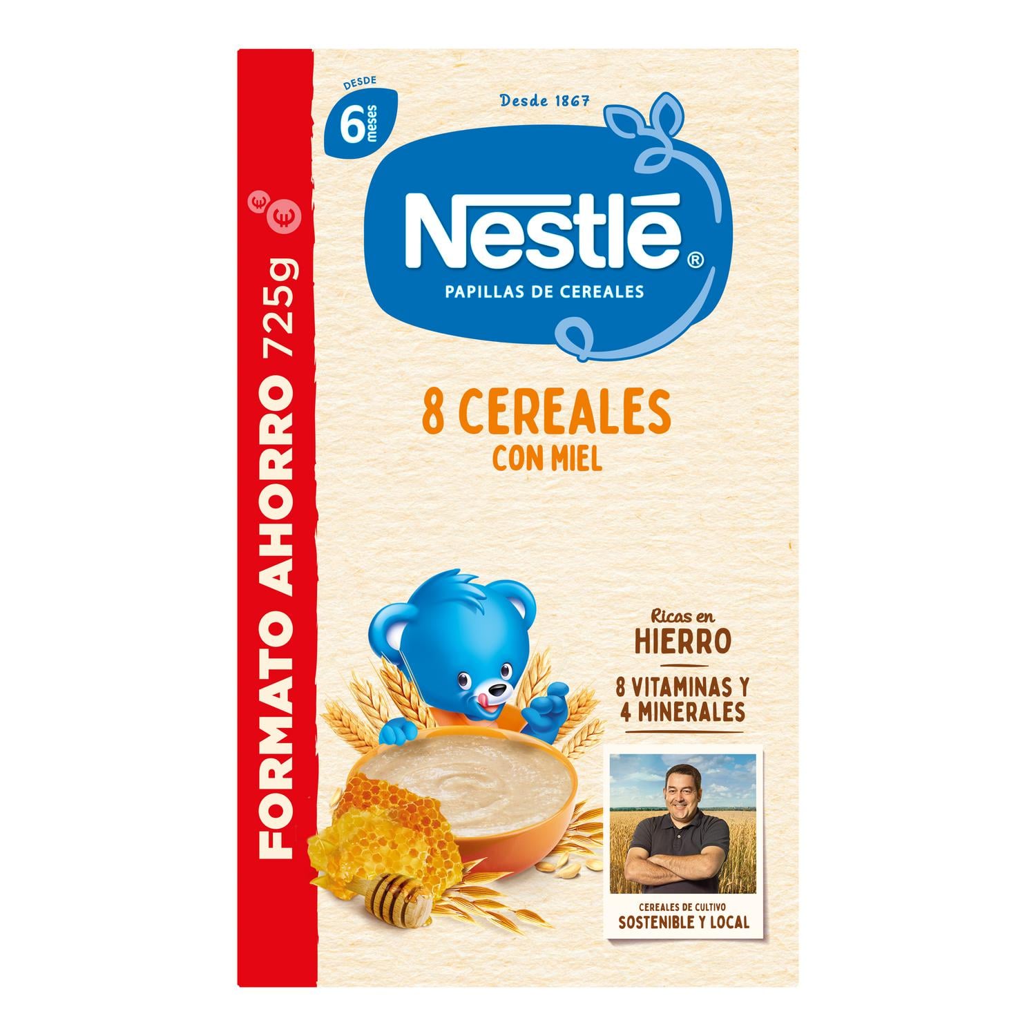 Papilla infantil desde 6 meses 8 cereales con miel Nestlé 725 g.