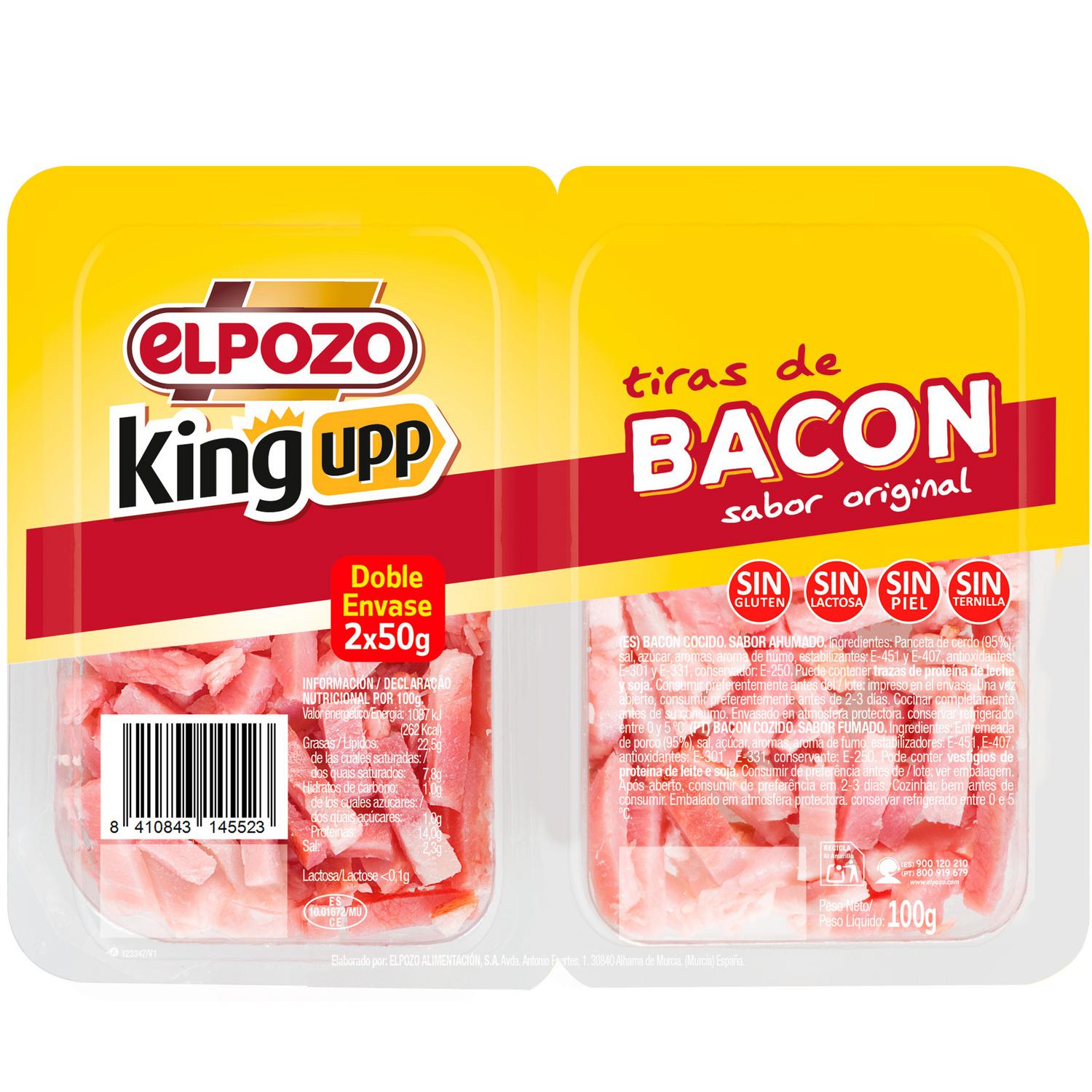 Bacon cocido sabor ahumado en tiras ElPozo King Upp sin gluten y sin lactosa pack de 2 unidades de 50 g