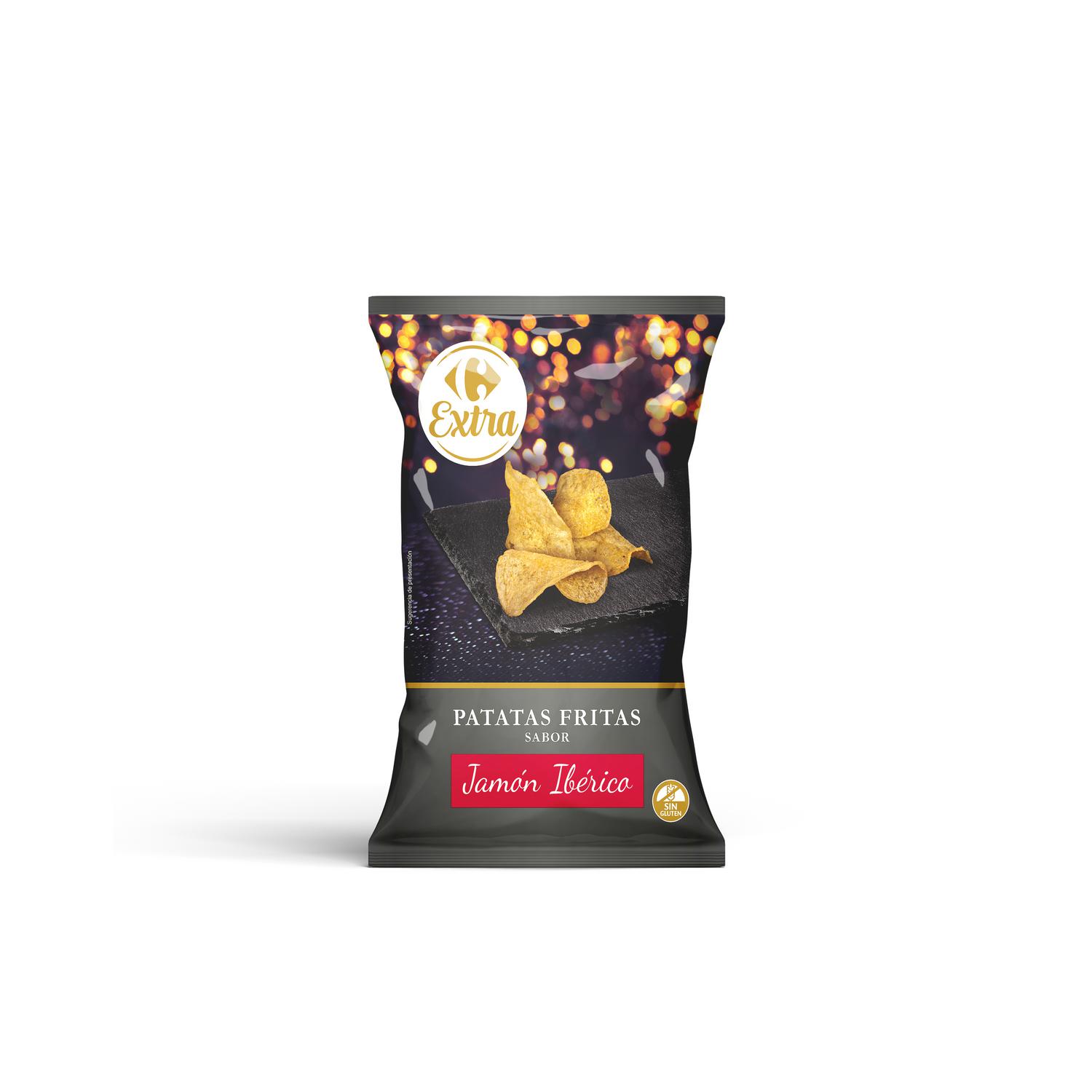 Patatas fritas sabor jamón ibérico Extra Carrefour sin gluten 150 g.