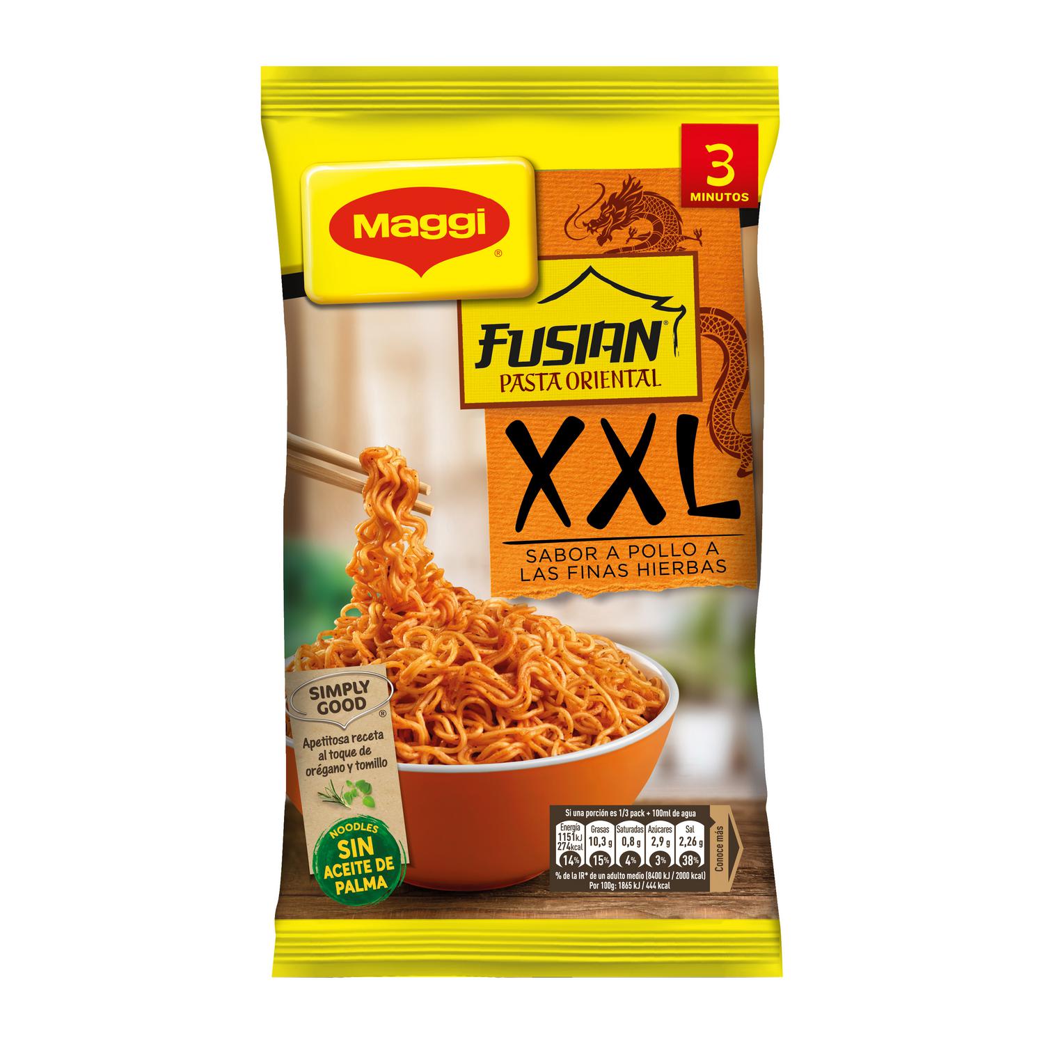 Pasta oriental sabor pollo a las finas hierbas Fusian XXL Maggi 185 g.
