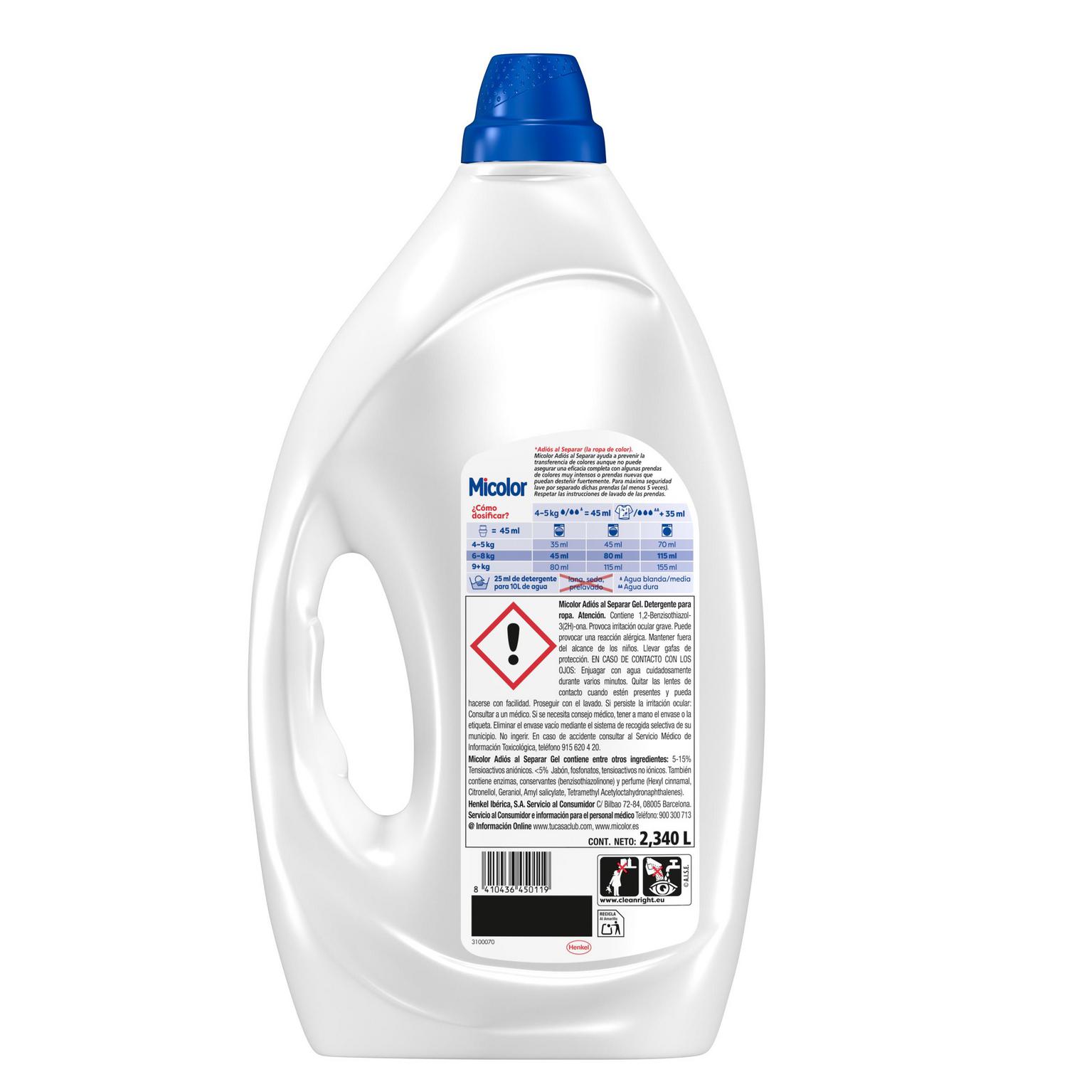 Detergente líquido coladas mixtas limpia y protege adiós al separar Micolor 52 lavados.