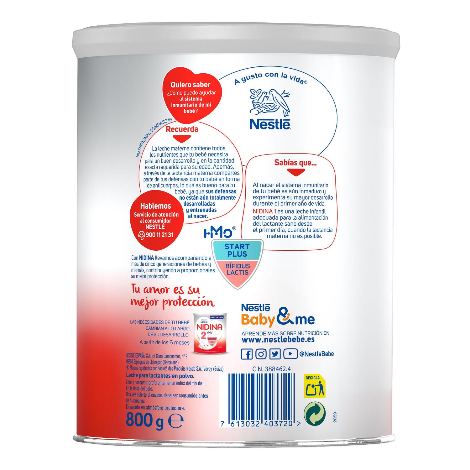 Leche infantil para lactantes en polvo Nestlé Nidina 1 lata 800 g.