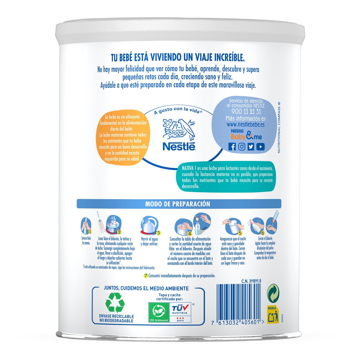 Leche infantil para lactantes en polvo Nestlé Nativa 1 lata 800 g.