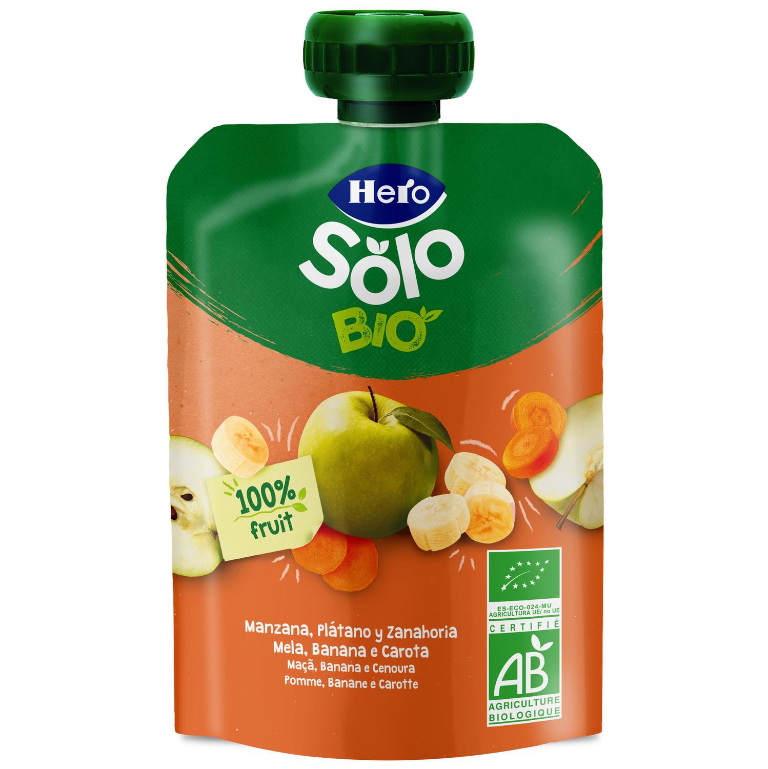 Bolsita de manzana, plátano y zanahoria ecológico Hero Solo sin gluten 100 g.