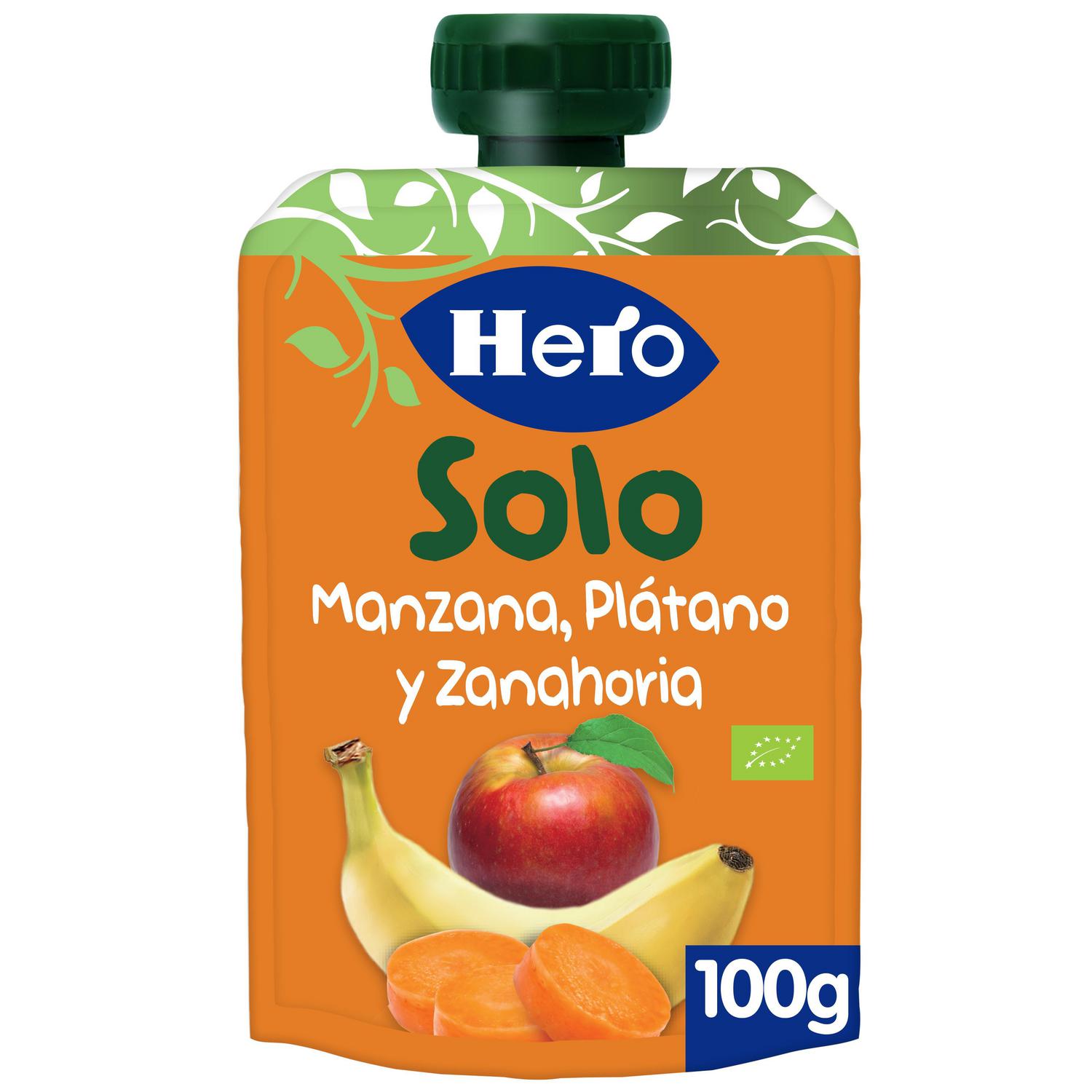 Bolsita de manzana, plátano y zanahoria ecológico Hero Solo sin gluten 100 g.