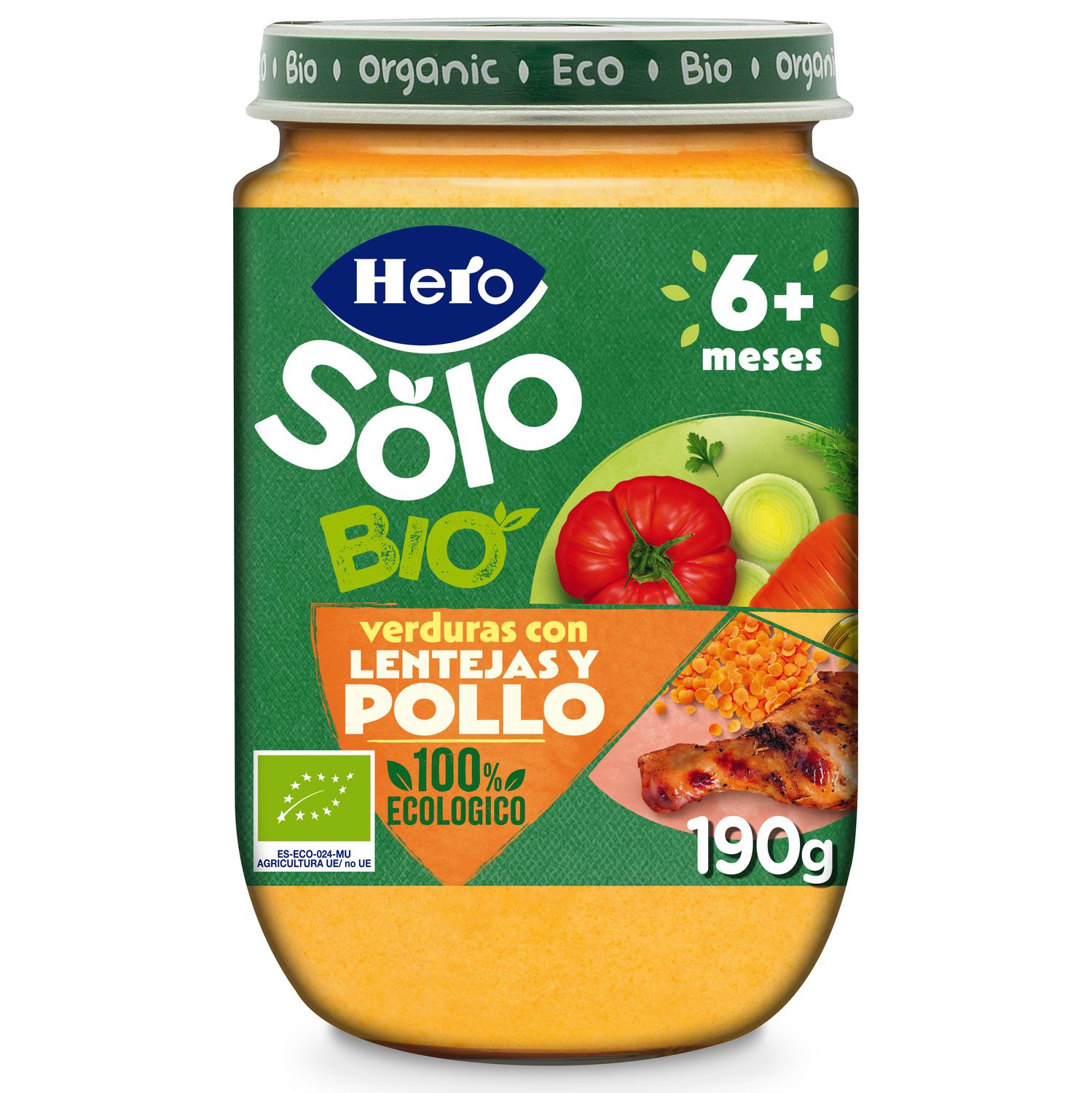 Tarrito verduras con lentejas y pollo desde 6 meses ecológico Hero Solo sin gluten 190 g.