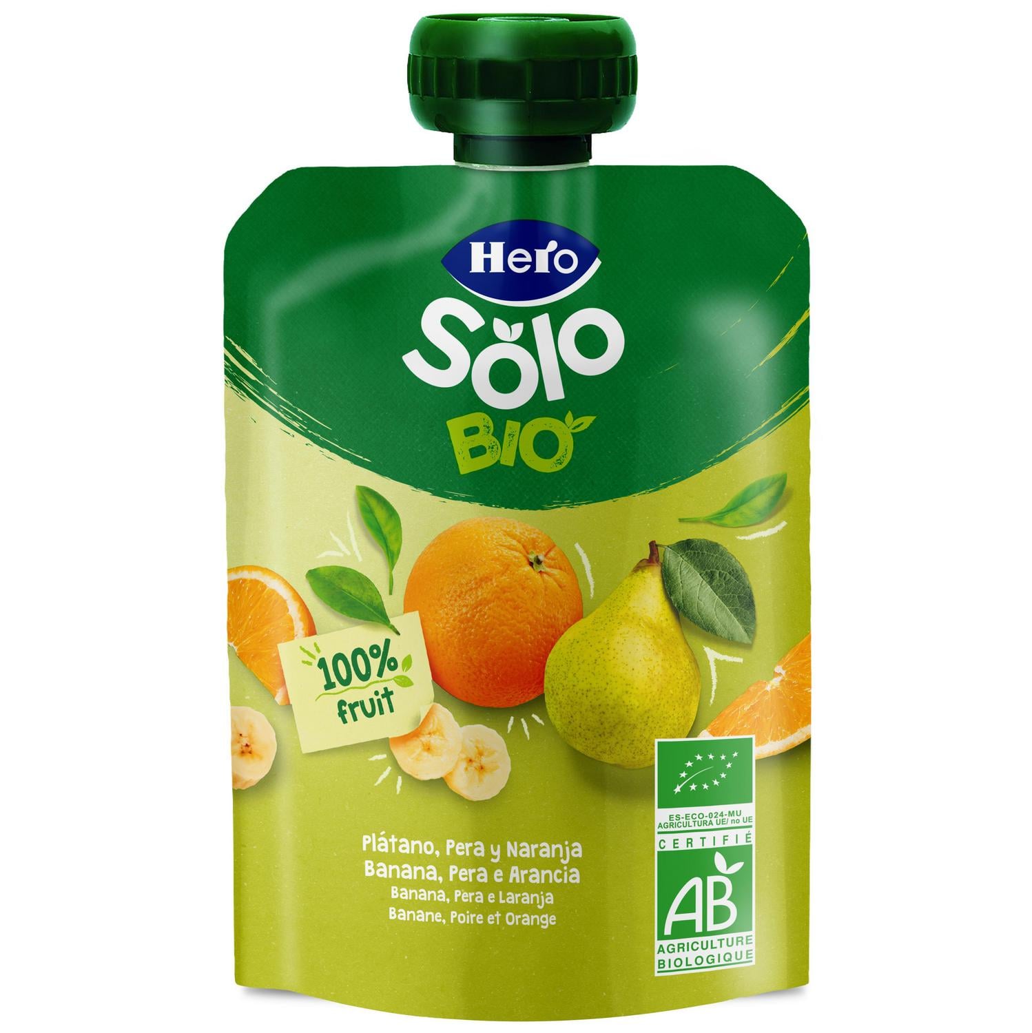 Bolsita de plátano, pera y naranja ecológico Hero Solo sin gluten 100 g.