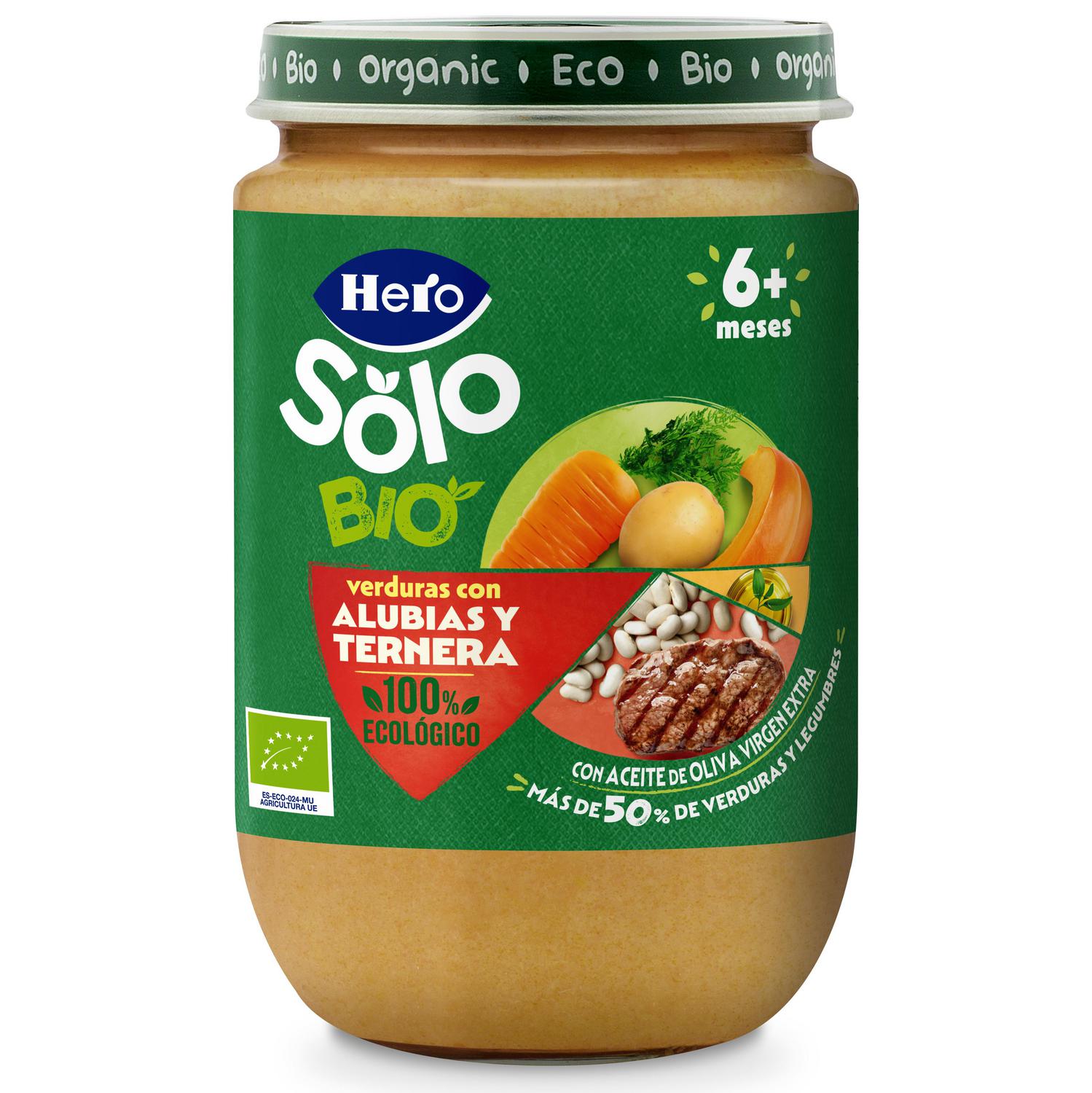 Tarrito de verduras con alubias y ternera desde 6 meses ecológico Hero Solo sin gluten 190 g.