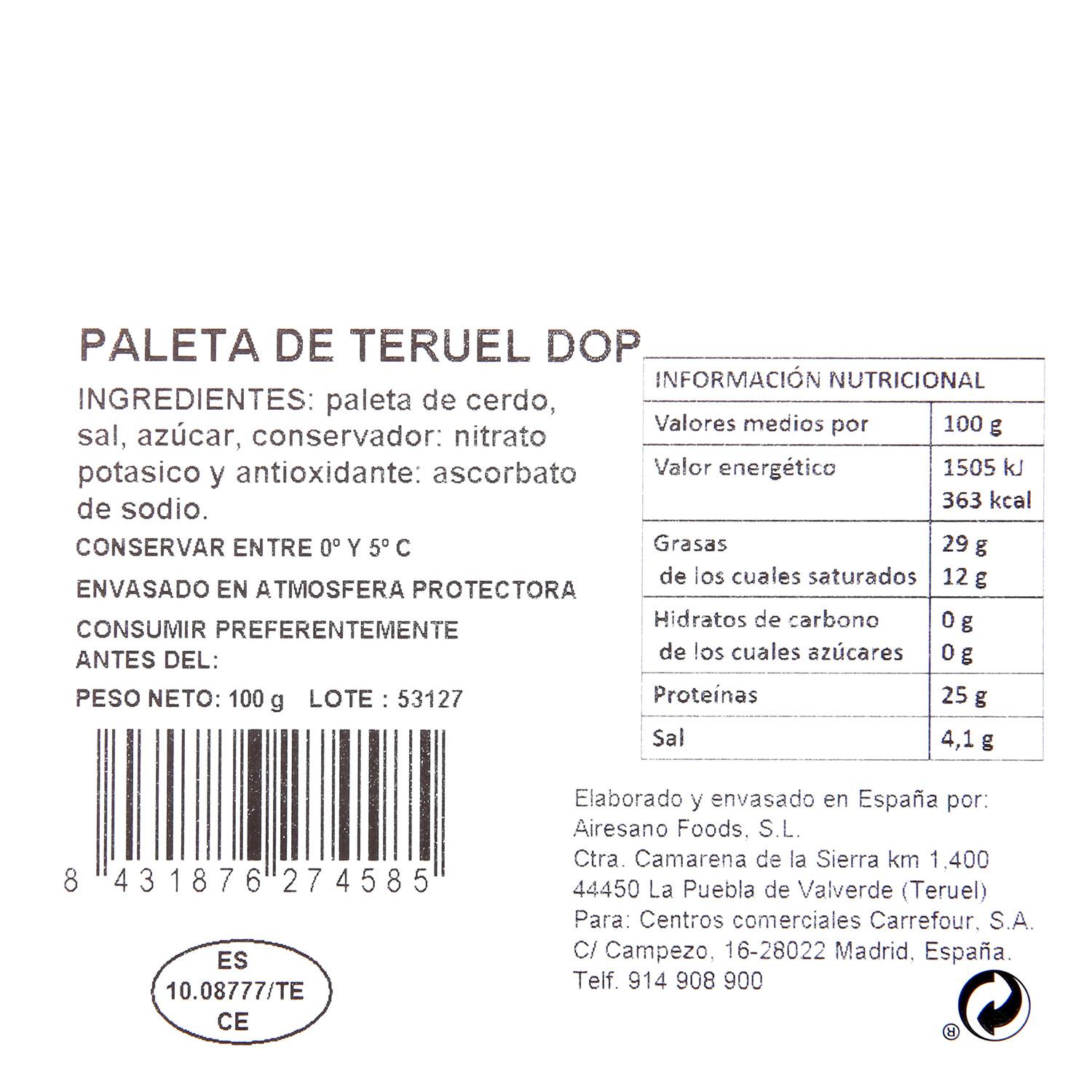 Paleta curada D.O.P Teruel De Nuestra Tierra 100 g
