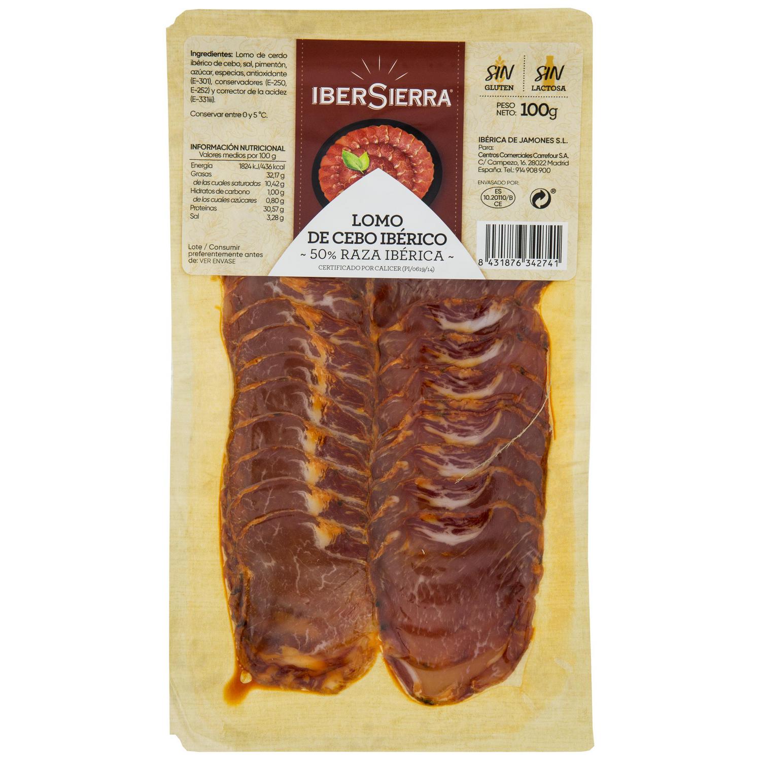 Lomo de Cebo Ibérico 50% Raza Ibérica en lonchas IberSierra sin gluten y sin lactosa 100 g