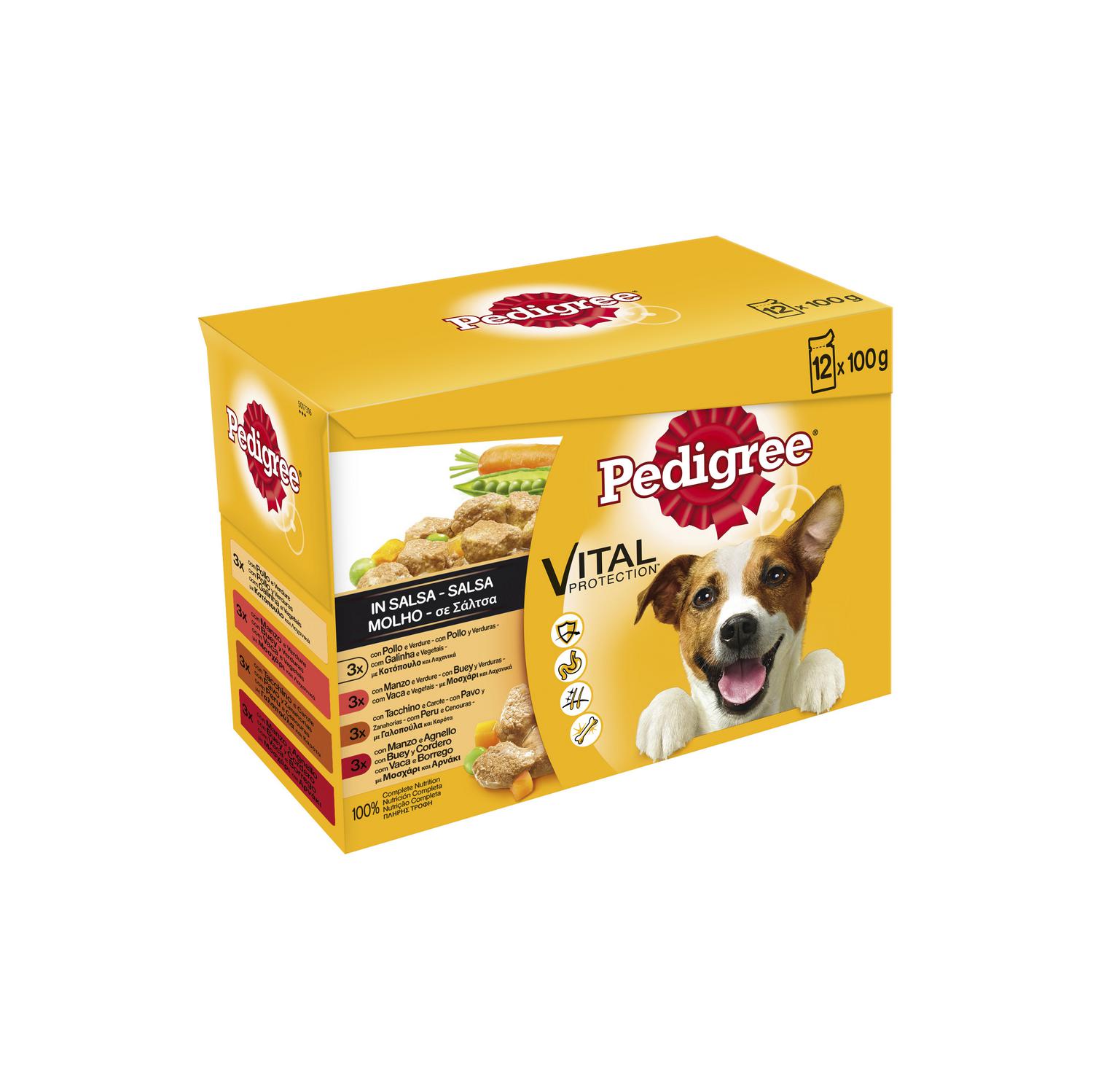 Comida húmeda sabores mixtos en salsa para perro Pedigree pack de 12 unidades de 100 g.