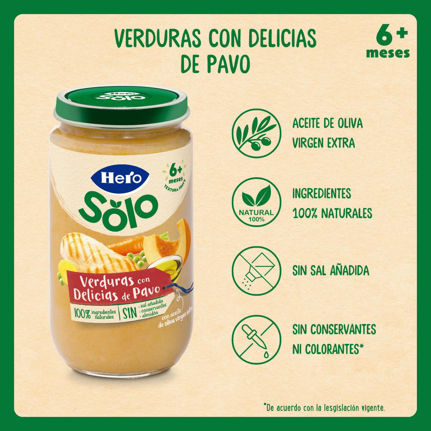 Tarrito de verduritas con delicias de pavo desde 6 meses Hero Solo sin gluten 235 g.