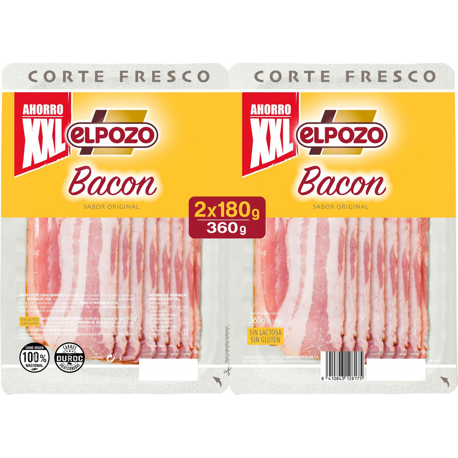 Bacon ahumado en lonchas ElPozo sin gluten y sin lactosa pack de 2 unidades de 180 g