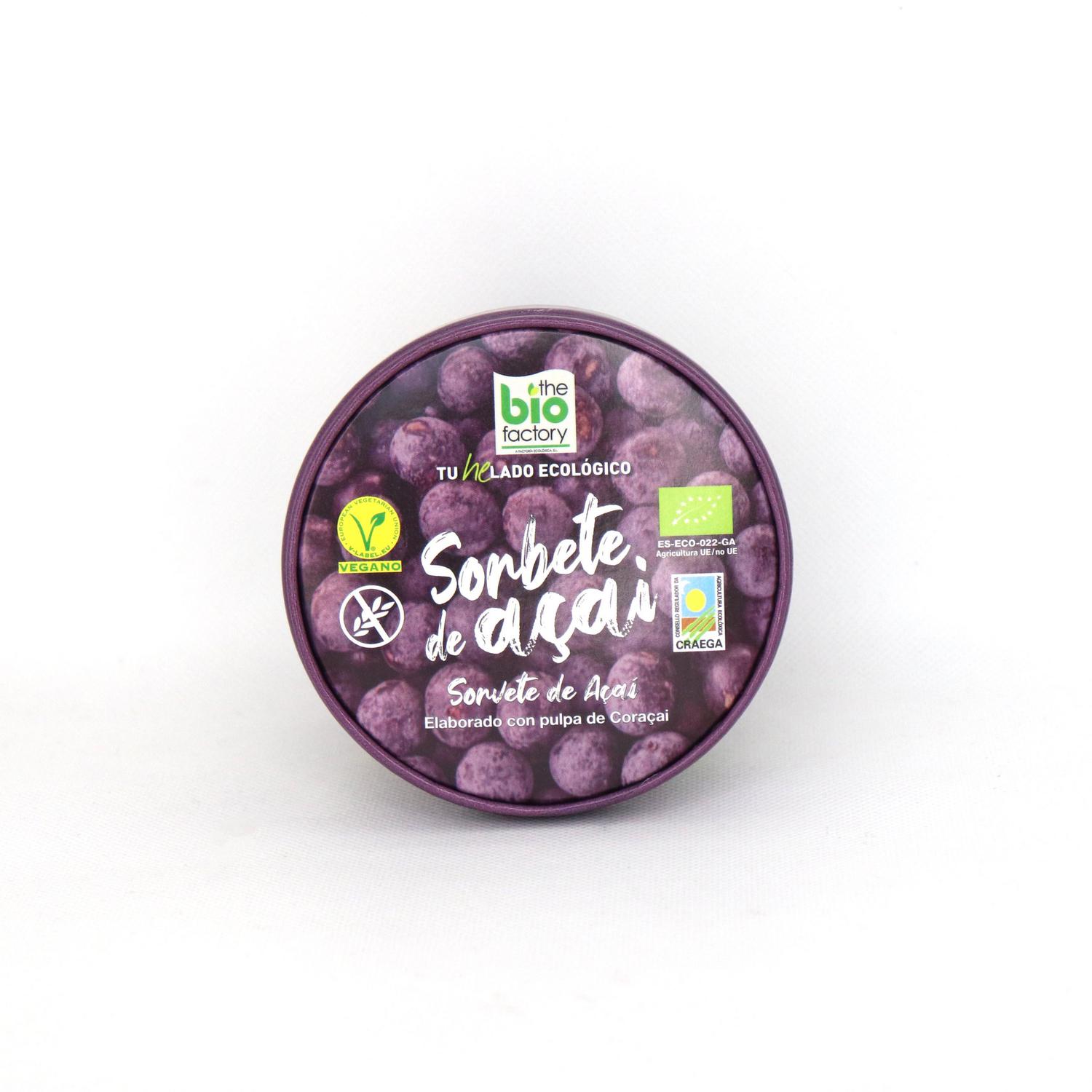 Helado sorbete de acaí ecológico The Bio Factory sin gluten 350 g.