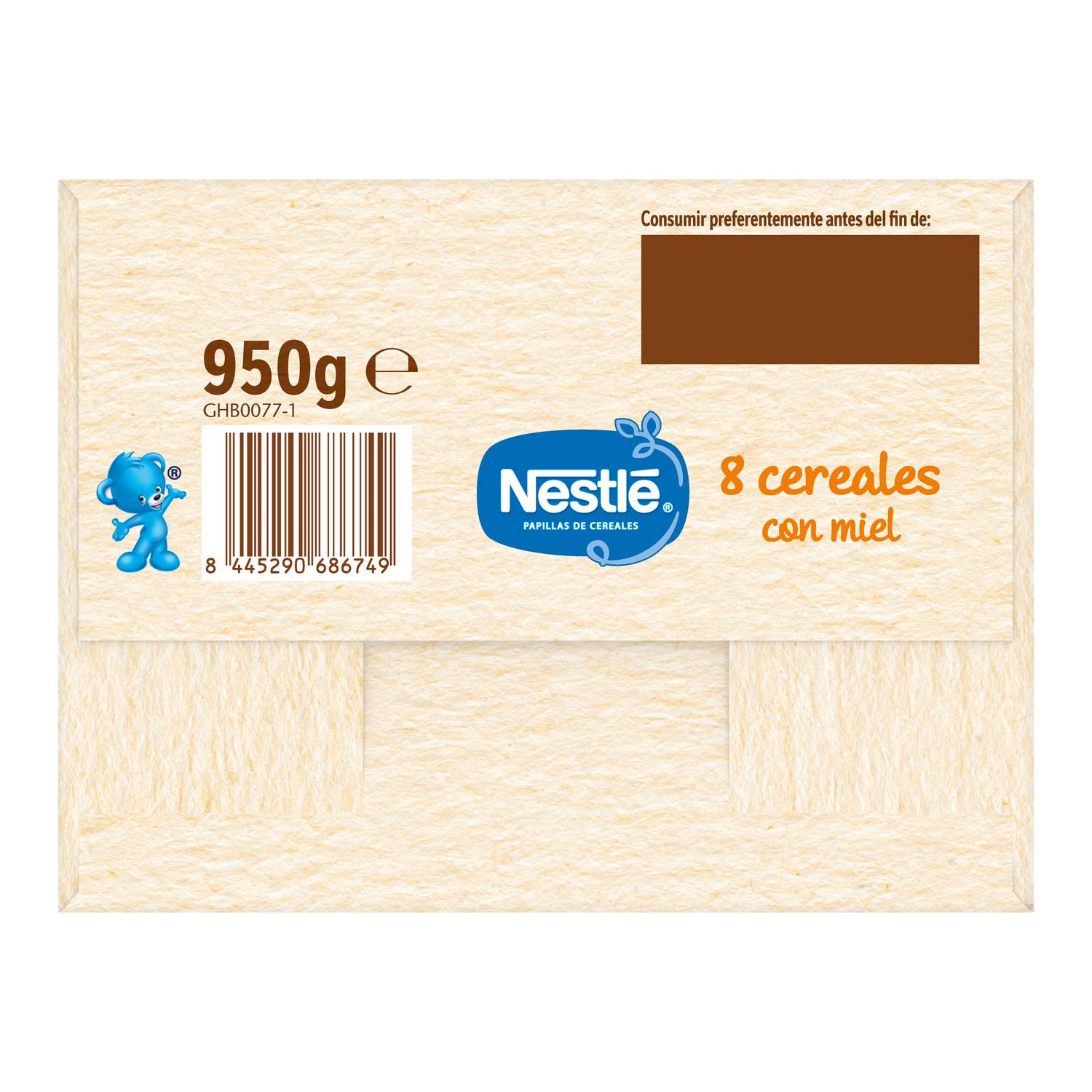 Papilla infantil desde 6 meses 8 cereales con miel Nestlé 950 g.