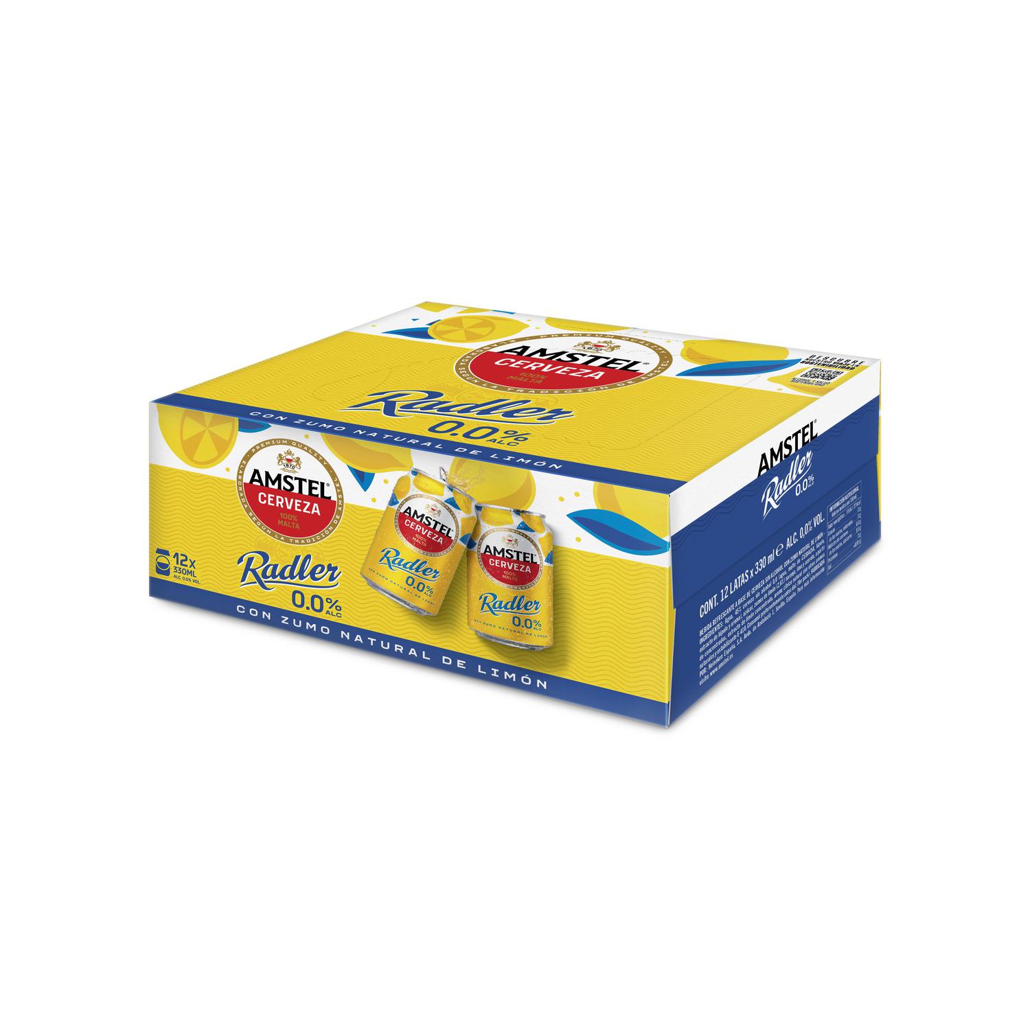 Cerveza Amstel 0,0 radler con zumo natural de limón pack 12 latas 33 cl.