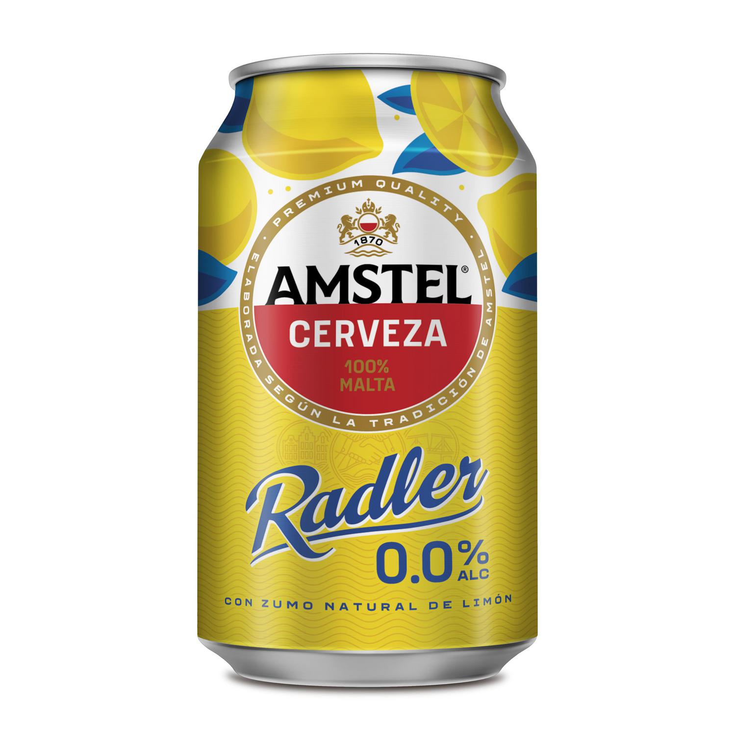 Cerveza Amstel 0,0 radler con zumo natural de limón pack 12 latas 33 cl.