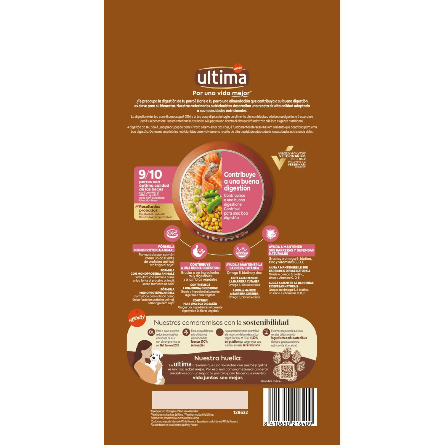 Pienso digestivo de salmón para perros mini Ultima 1,5 kg.