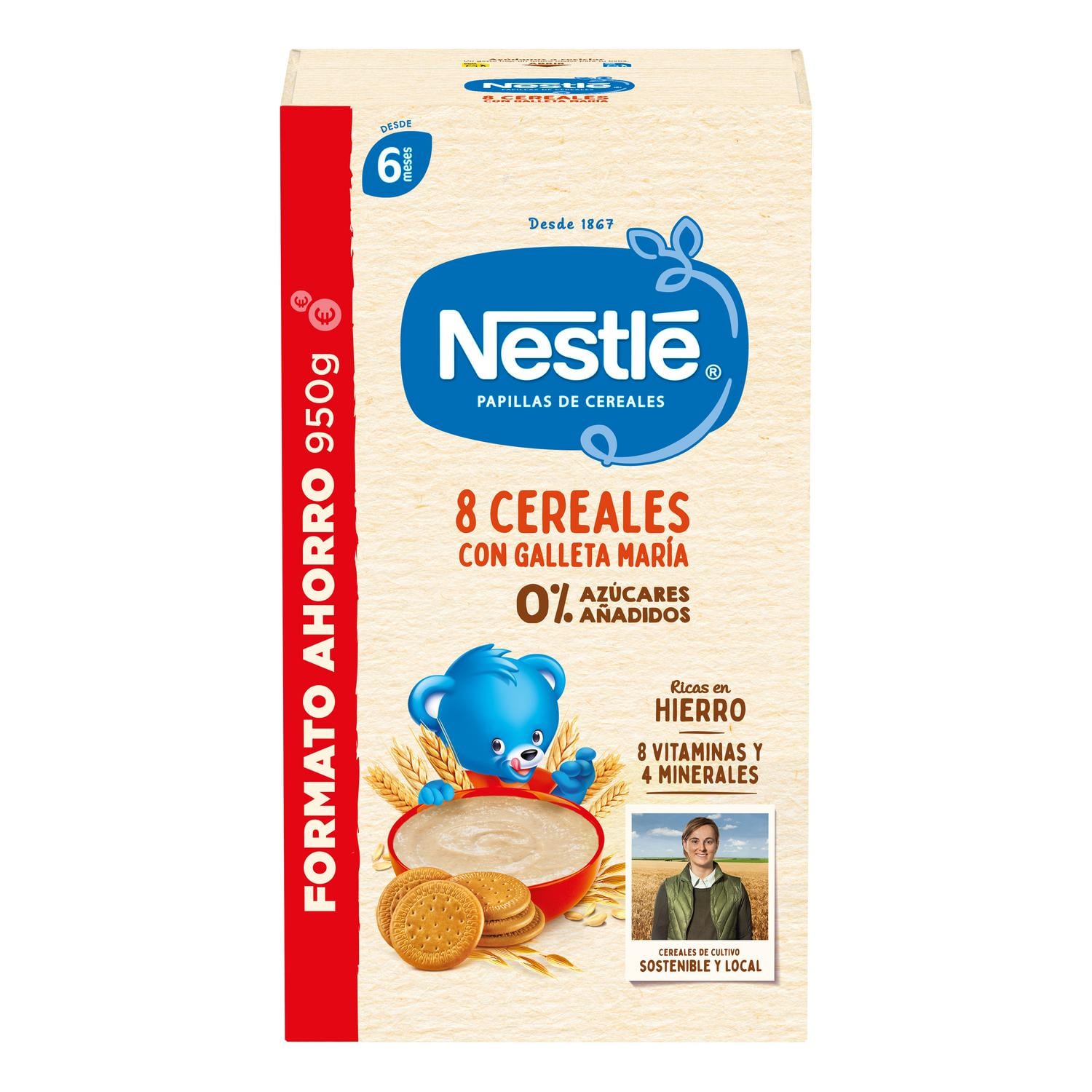 Papilla infantil desde 6 meses 8 cereales con galleta maría Nestlé sin azúcar añadido 950 g.