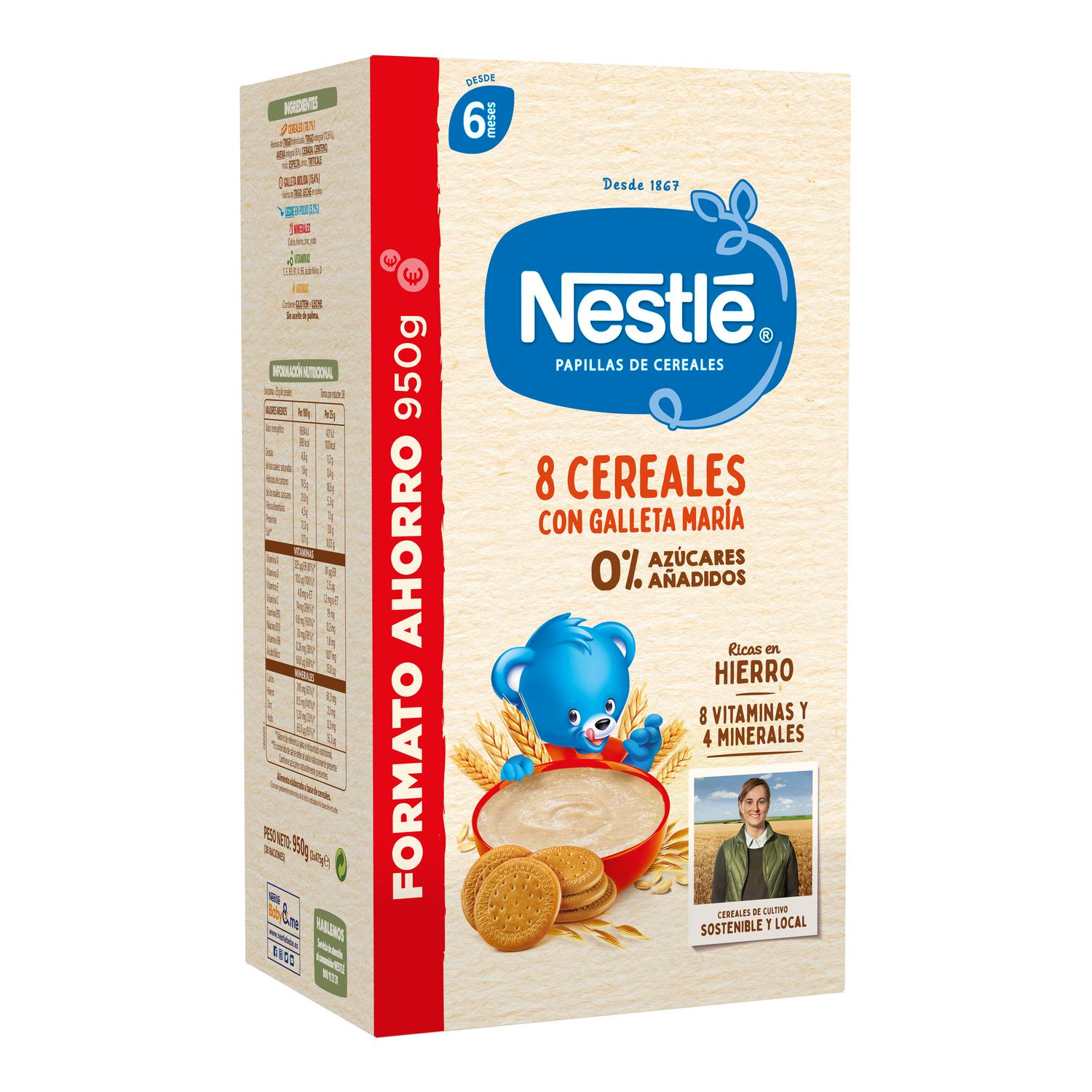 Papilla infantil desde 6 meses 8 cereales con galleta maría Nestlé sin azúcar añadido 950 g.