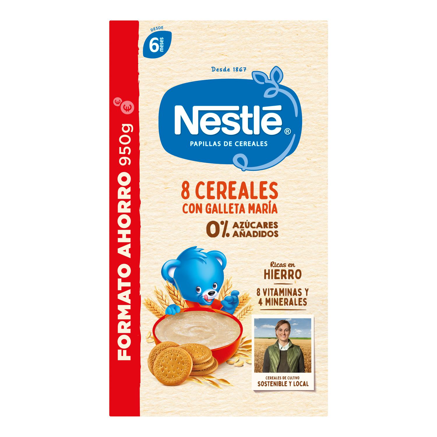 Papilla infantil desde 6 meses 8 cereales con galleta maría Nestlé sin azúcar añadido 950 g.