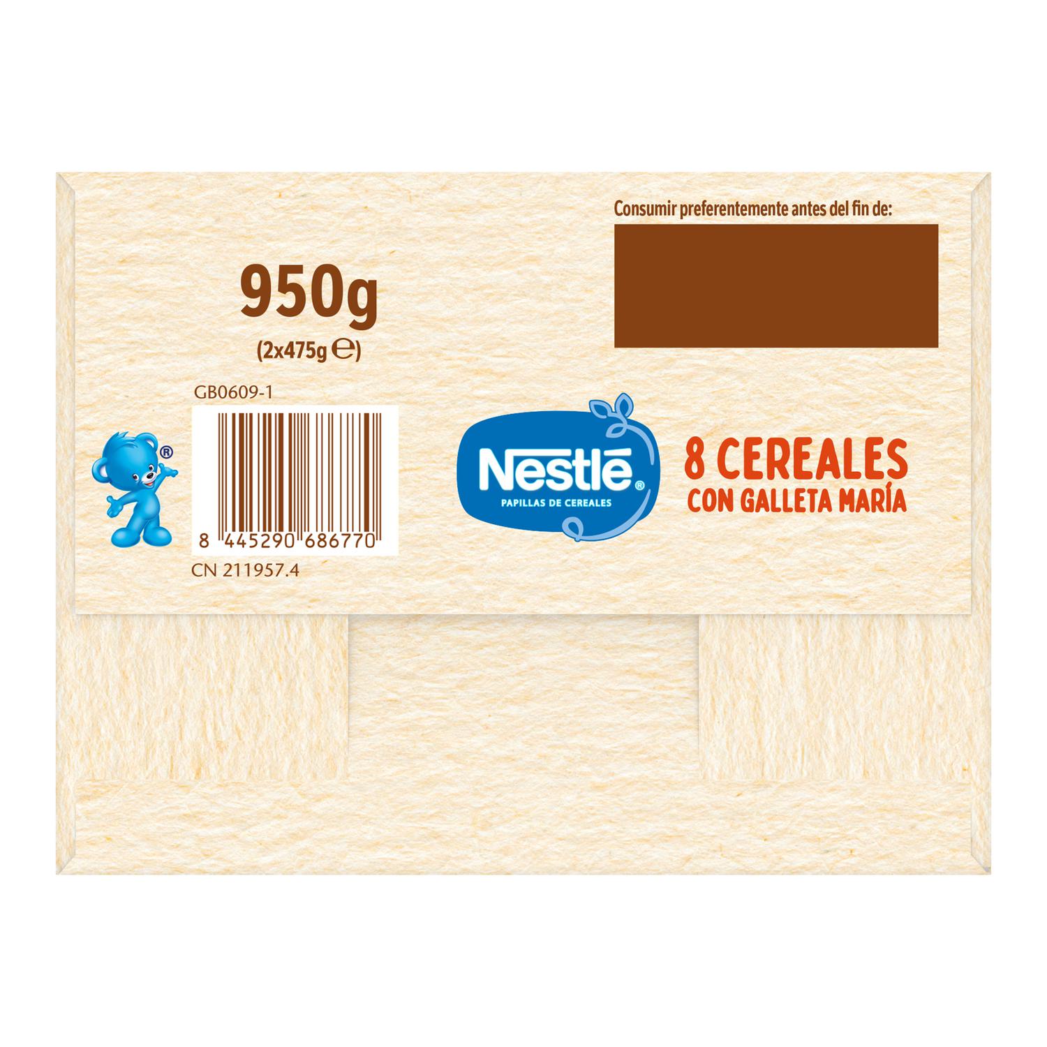 Papilla infantil desde 6 meses 8 cereales con galleta maría Nestlé sin azúcar añadido 950 g.
