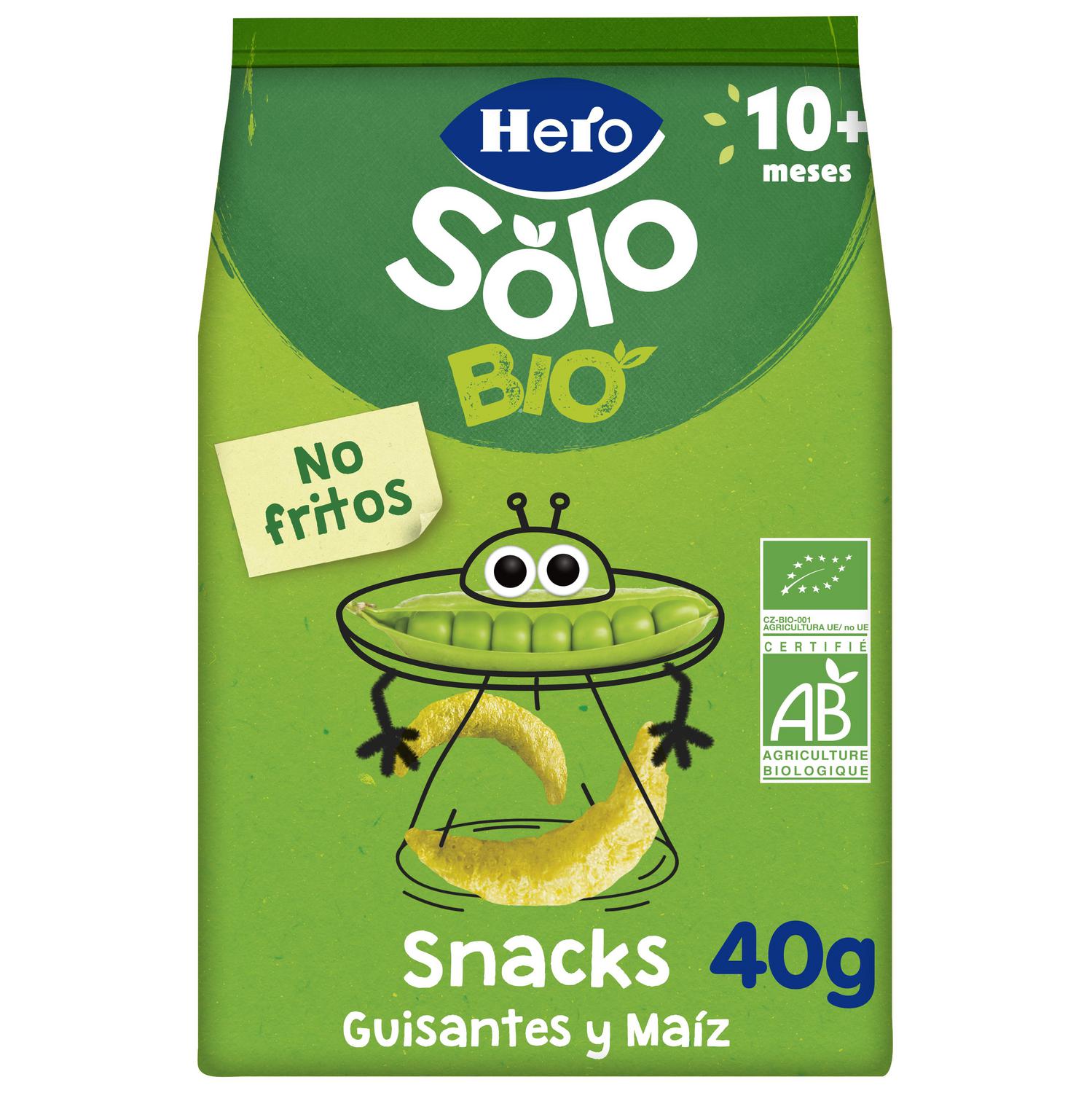 Snack infantil desde 10 meses guisantes y maíz ecológico Hero Solo sin gluten 40 g.
