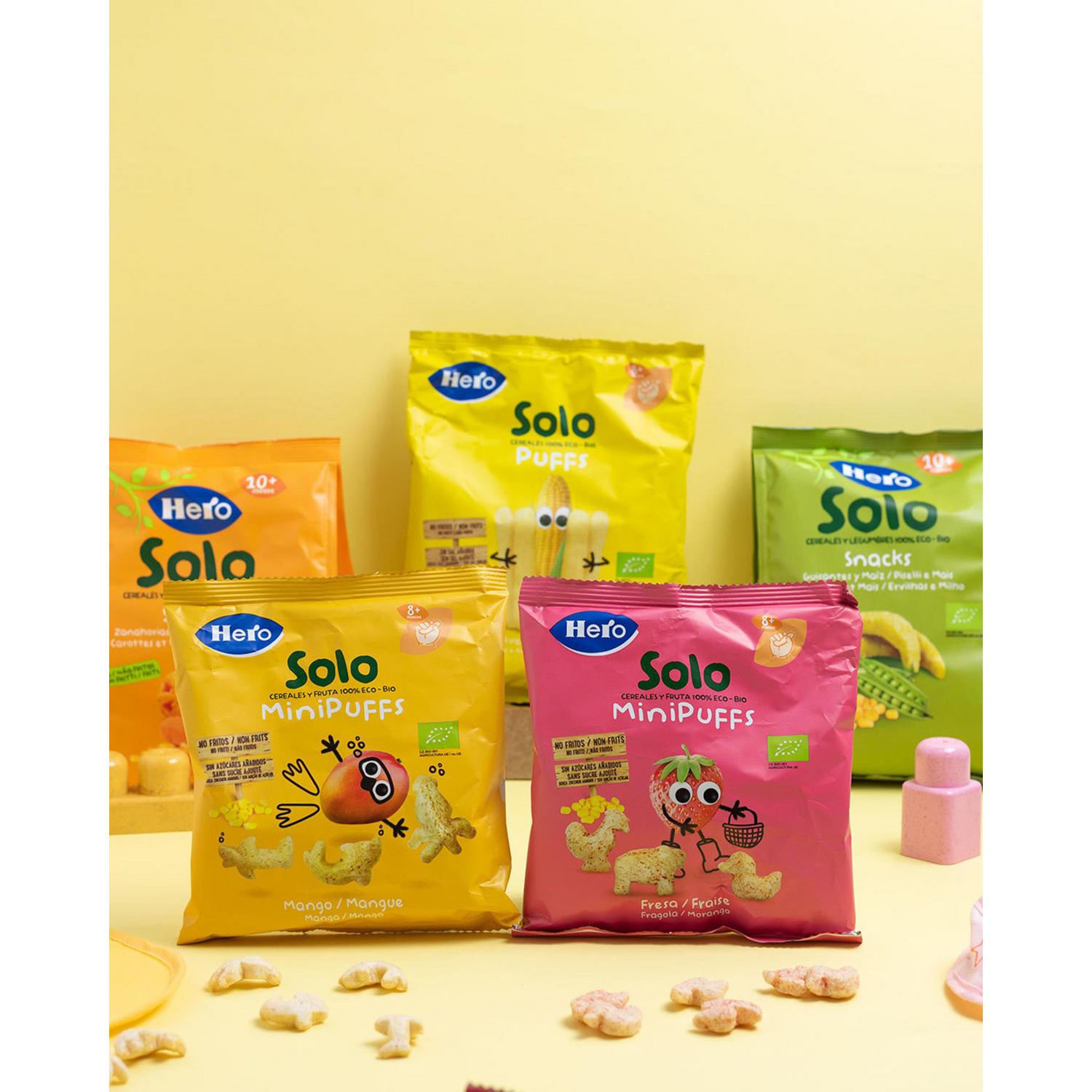 Snack infantil desde 10 meses guisantes y maíz ecológico Hero Solo sin gluten 40 g.