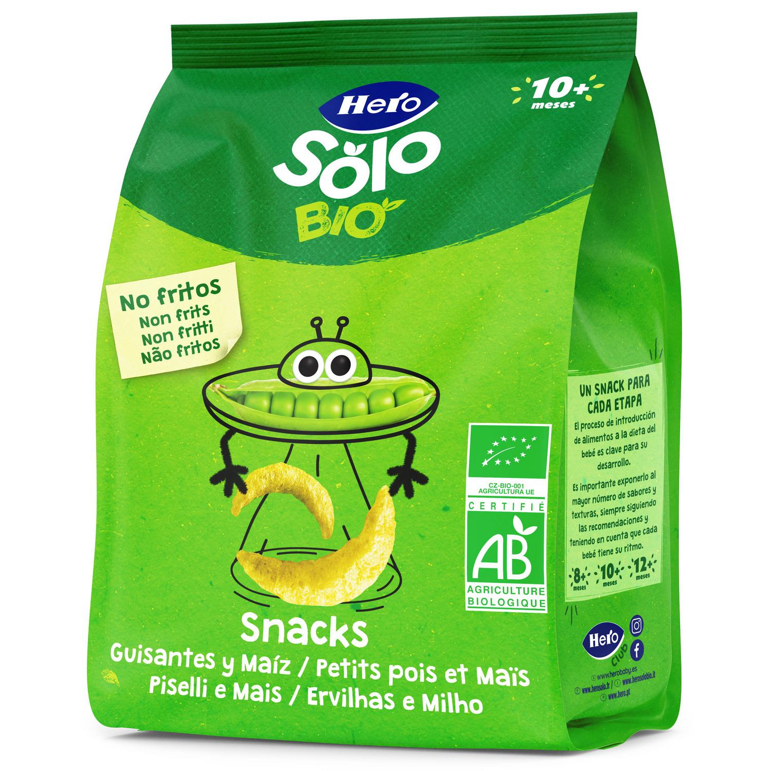 Snack infantil desde 10 meses guisantes y maíz ecológico Hero Solo sin gluten 40 g.
