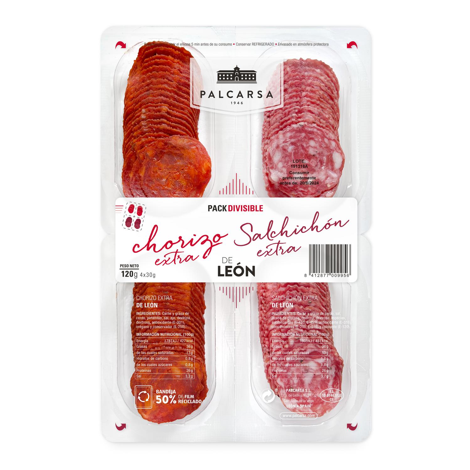 Chorizo Extra y Salchichón Extra de León en lonchas Palcarsa pack de 4 unidades de 30 g