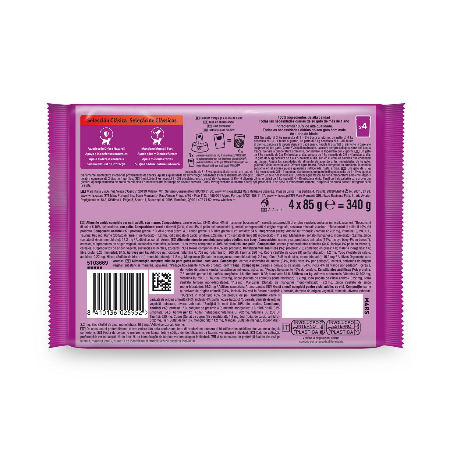 Comida húmeda en salsa selección clásicos para gato adulto Whiskas 4x85 g