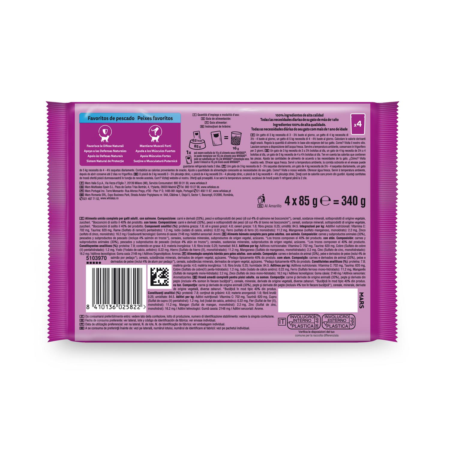 Comida húmeda en gelatina selección pescados para gato adulto Whiskas 4x85 g
