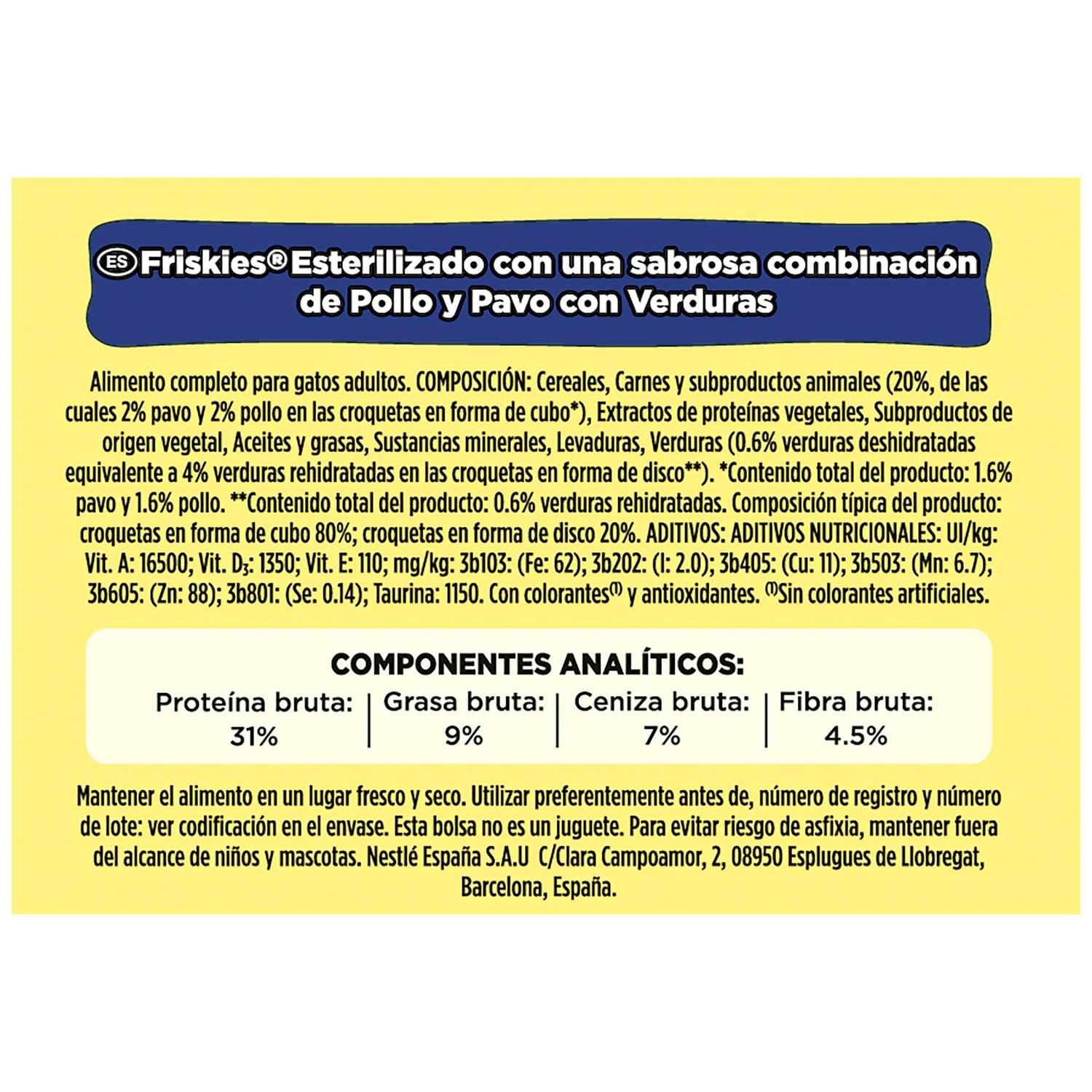 Pienso de pavo y verduras para gato adulto esterilizado Pavo y Verduras Purina Friskies 3Kg