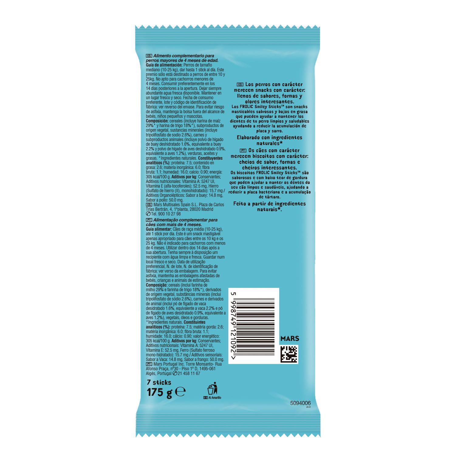 Snack dental para perro Frolic Smiley Sticks 175 g.