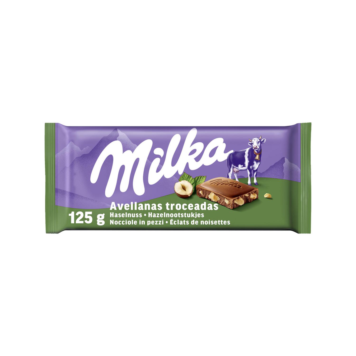 Chocolate con leche con avellanas troceadas Milka 125 g.