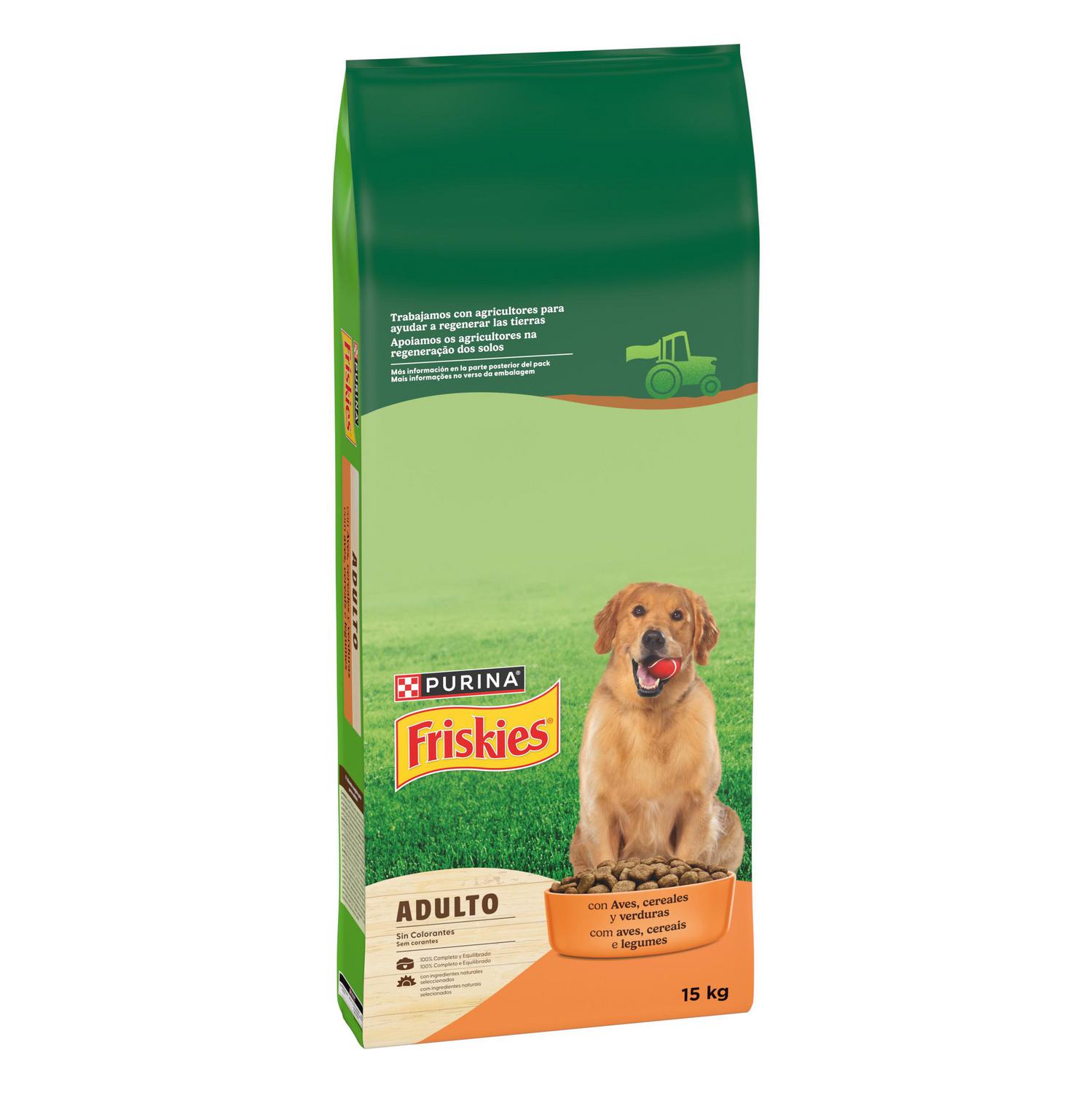 Pienso de aves y verduras para perro adulto Purina Friskies 15 Kg.